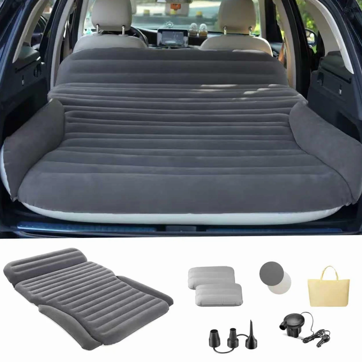 KMZ Materasso gonfiabile SUV per auto, camion e campeggio – letto auto portatile spesso da viaggio, include 2 cuscini e pompa elettrica