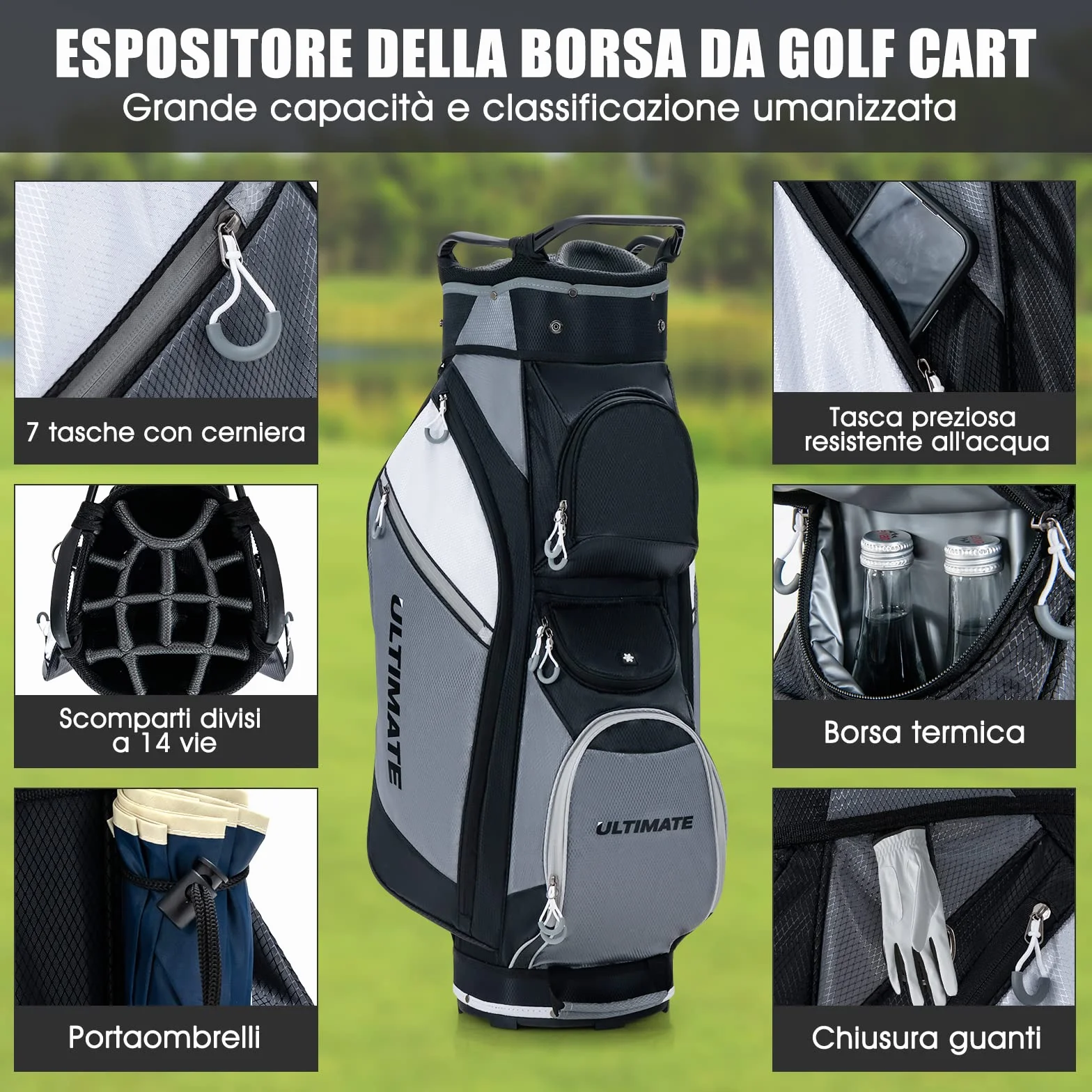 COSTWAY Borsa da Golf 14 Divisori Sacca Mazze Borsa Termica Cappuccio Impermeabile Maniglie Tracolla Nero Grigio
