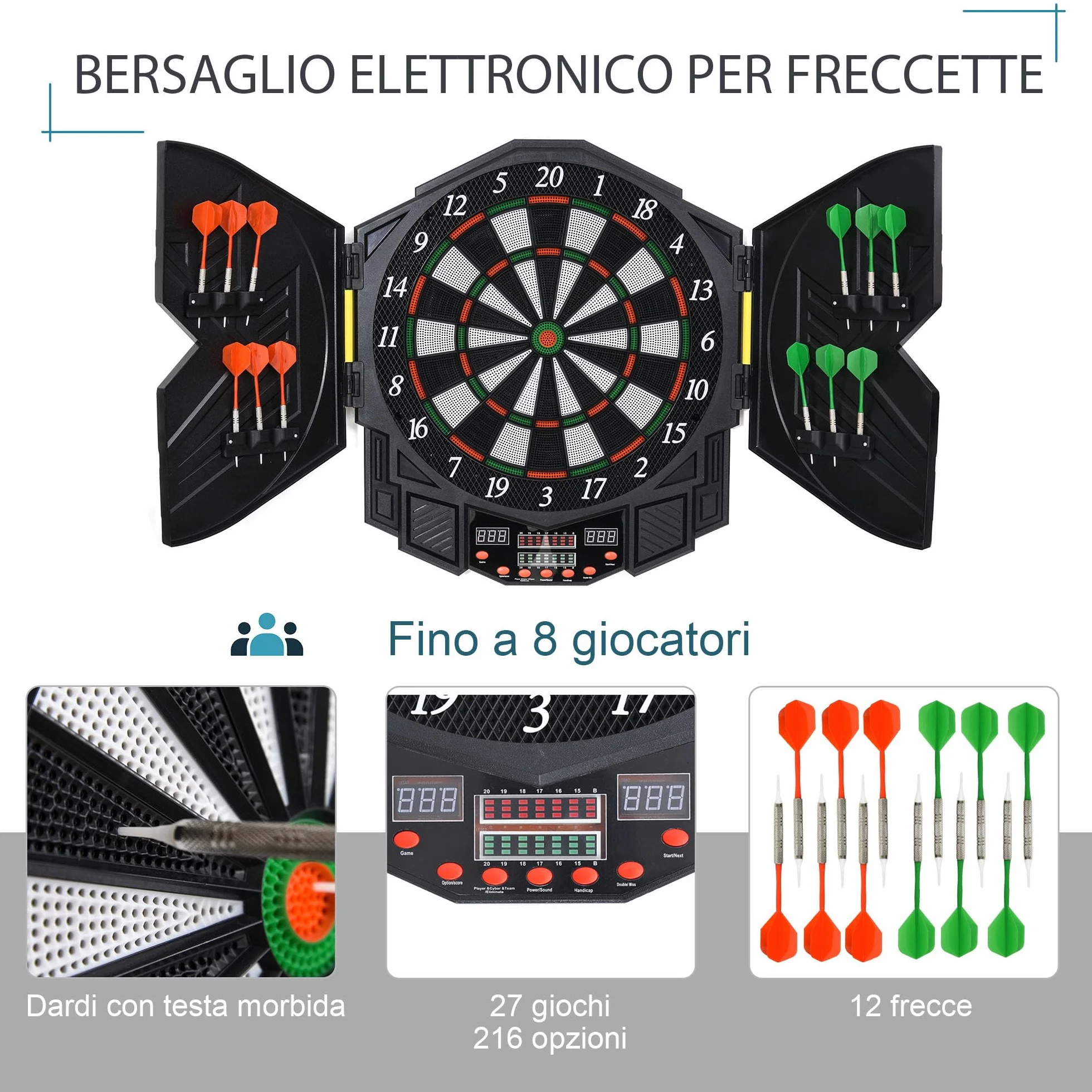 Homcom Bersaglio Elettronico Digitale 12 Freccette 8 Giocatori 27 Giochi 216 Varianti