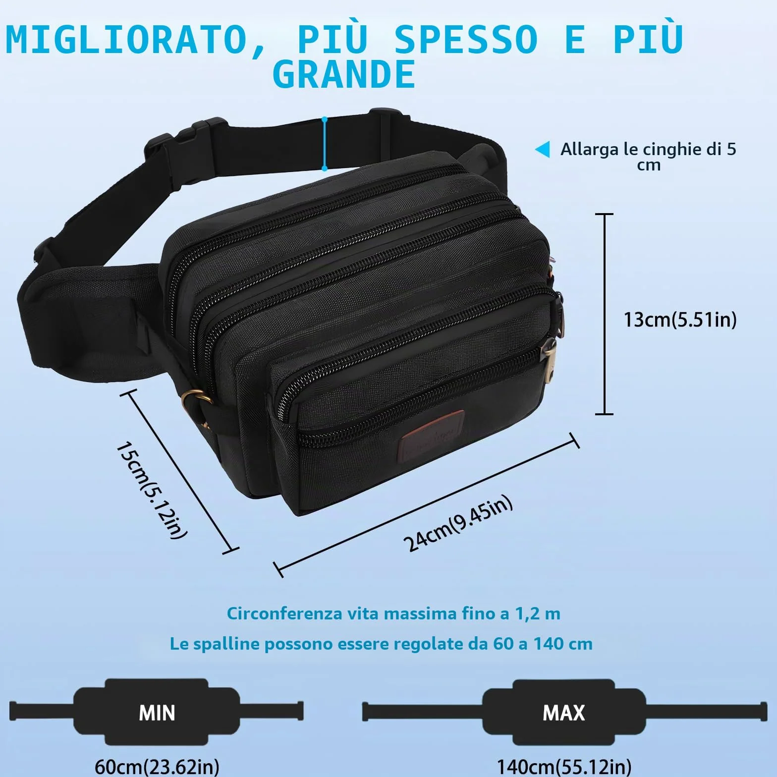 Marsupio Uomo Grande con 7 Tasche Bum Bag Cintura Regolabile per Escursionismo Bicicletta