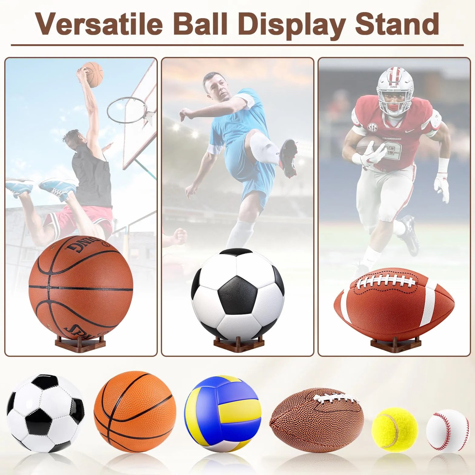 Fentar Porta Palloni da Calcio, Supporto per Esposizione in Legno, Elegante Porta Pallone, Scaffale per Conservazione Palloni, Supporto Versatile per Pallone per Pallavolo, Rugby, Basket, Golf