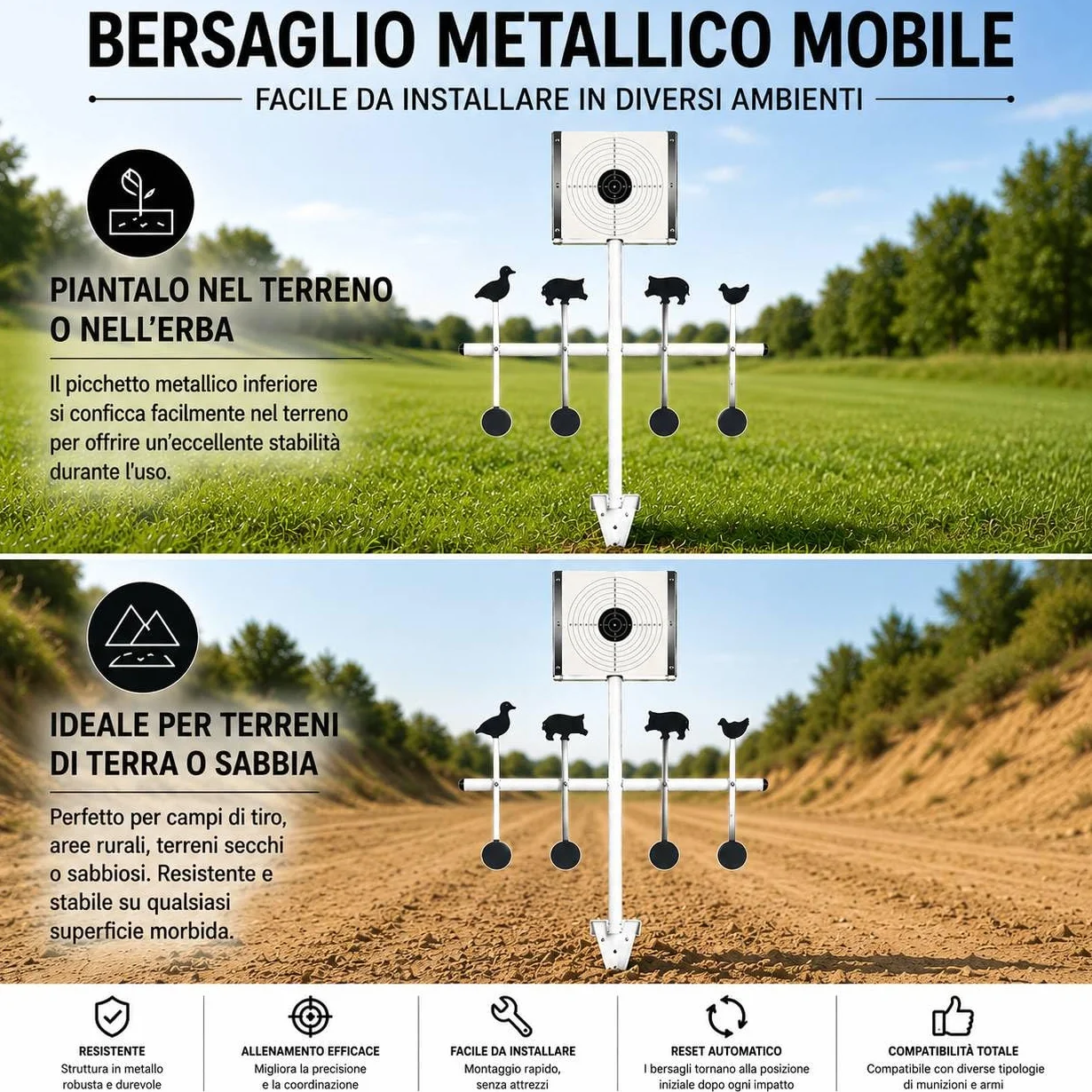 Bersaglio Metallico Mobile 8 Target Girevoli Pannello Fisso 14x14 cm Tiro Sportivo Aria Compressa Airsoft