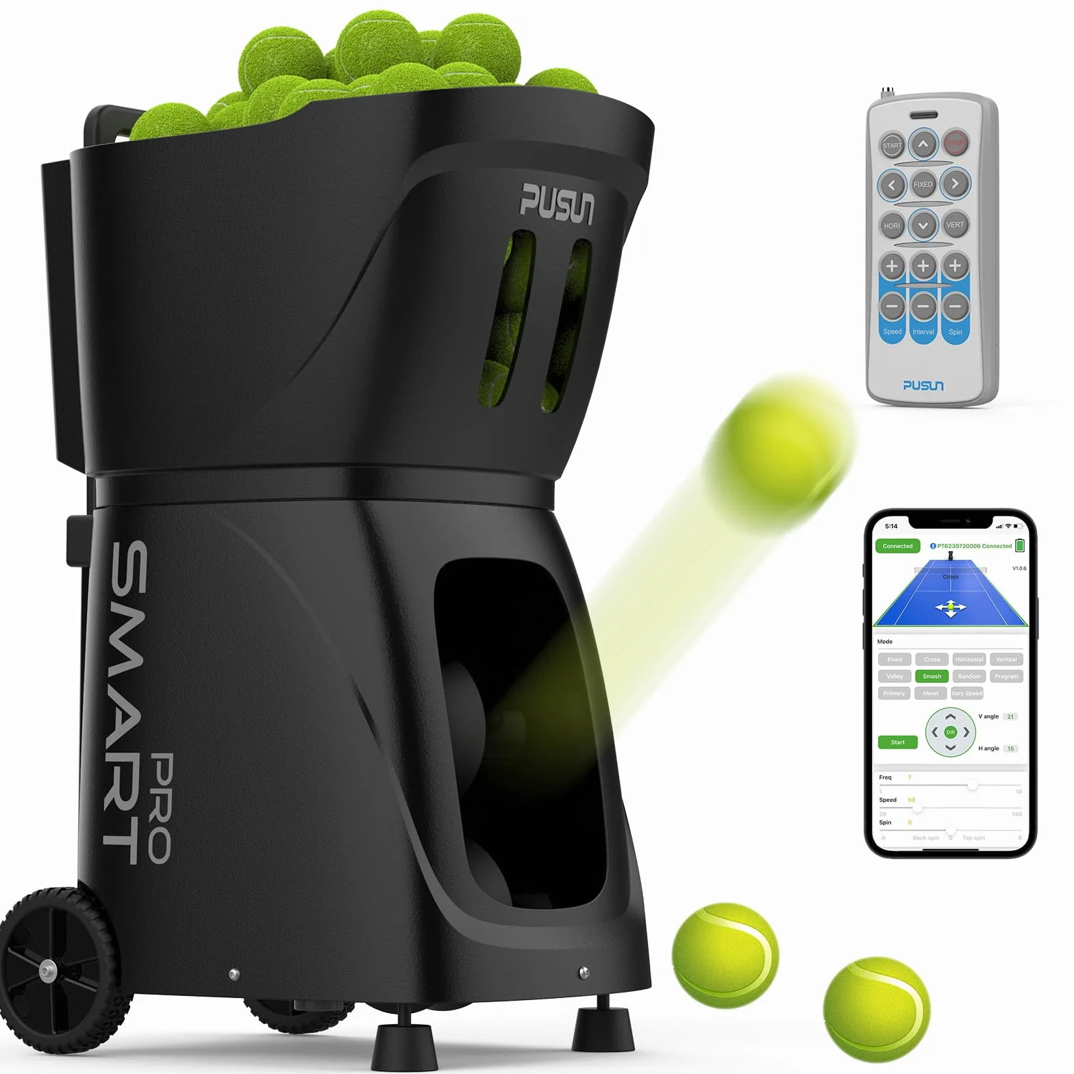 PUSUN PT-Smart Pro Macchina Lanciapalline Tennis Professionale Doppio Controllo Telecomando App Capacità 115+ Palline