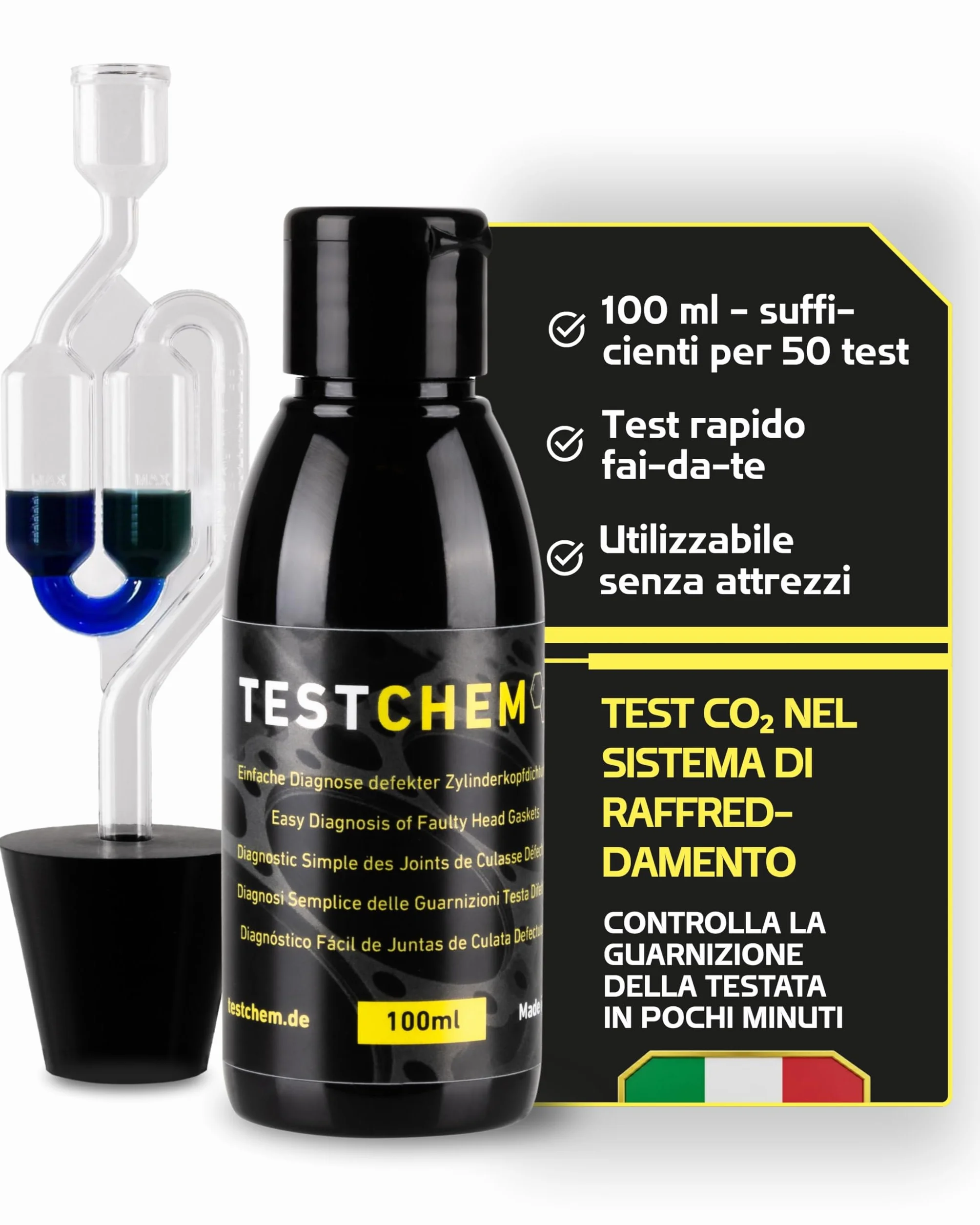 STEEL SEAL TESTCHEM Tester per guarnizione della testata CO2 acqua di raffreddamento 100 ml – Test dei gas di scarico sistema di raffreddamento auto – Kit di test per controllo guarnizione di testa