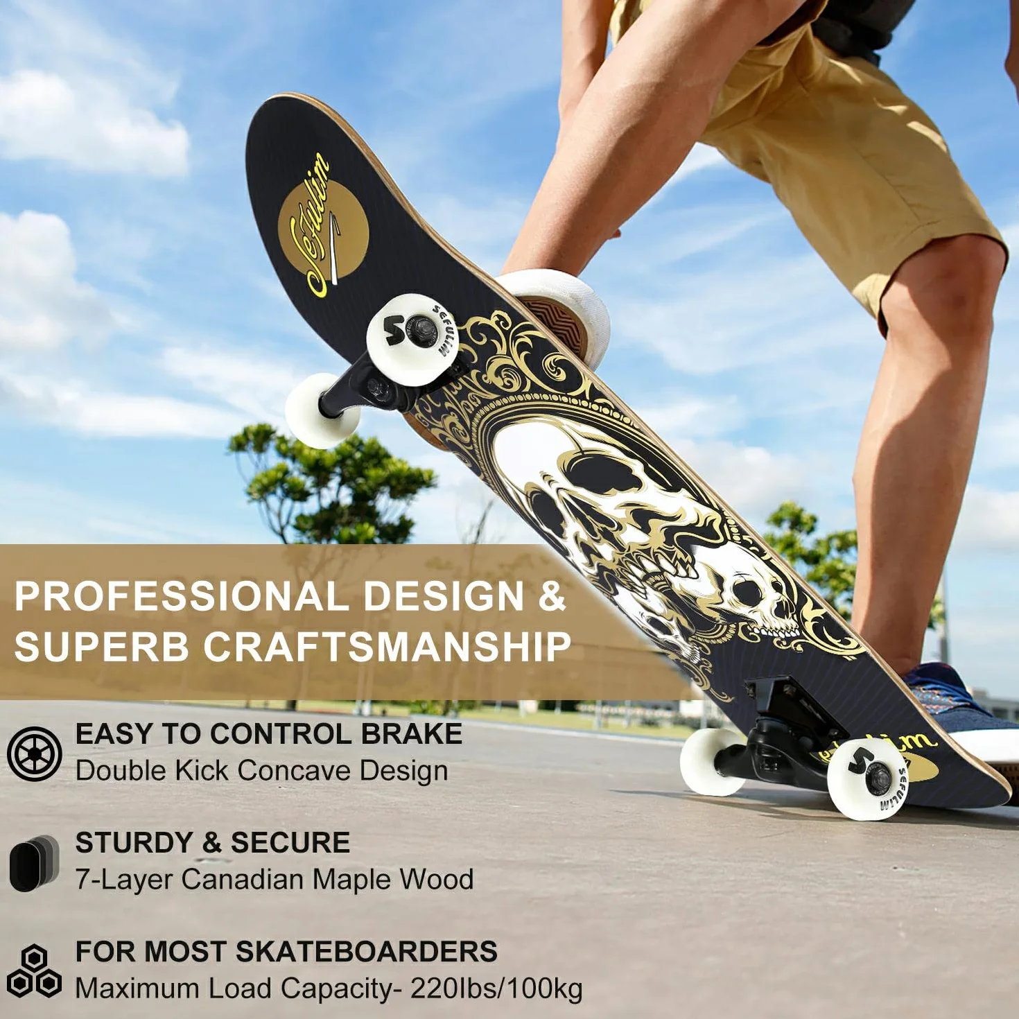 31 x 8 Pollice Completo Skateboard 7 Strati Acero Canadese Doppio Kick Deck Concavo Cruiser Trick Skateboard per Ragazzi Ragazze Adolescenti Adulti Principiante