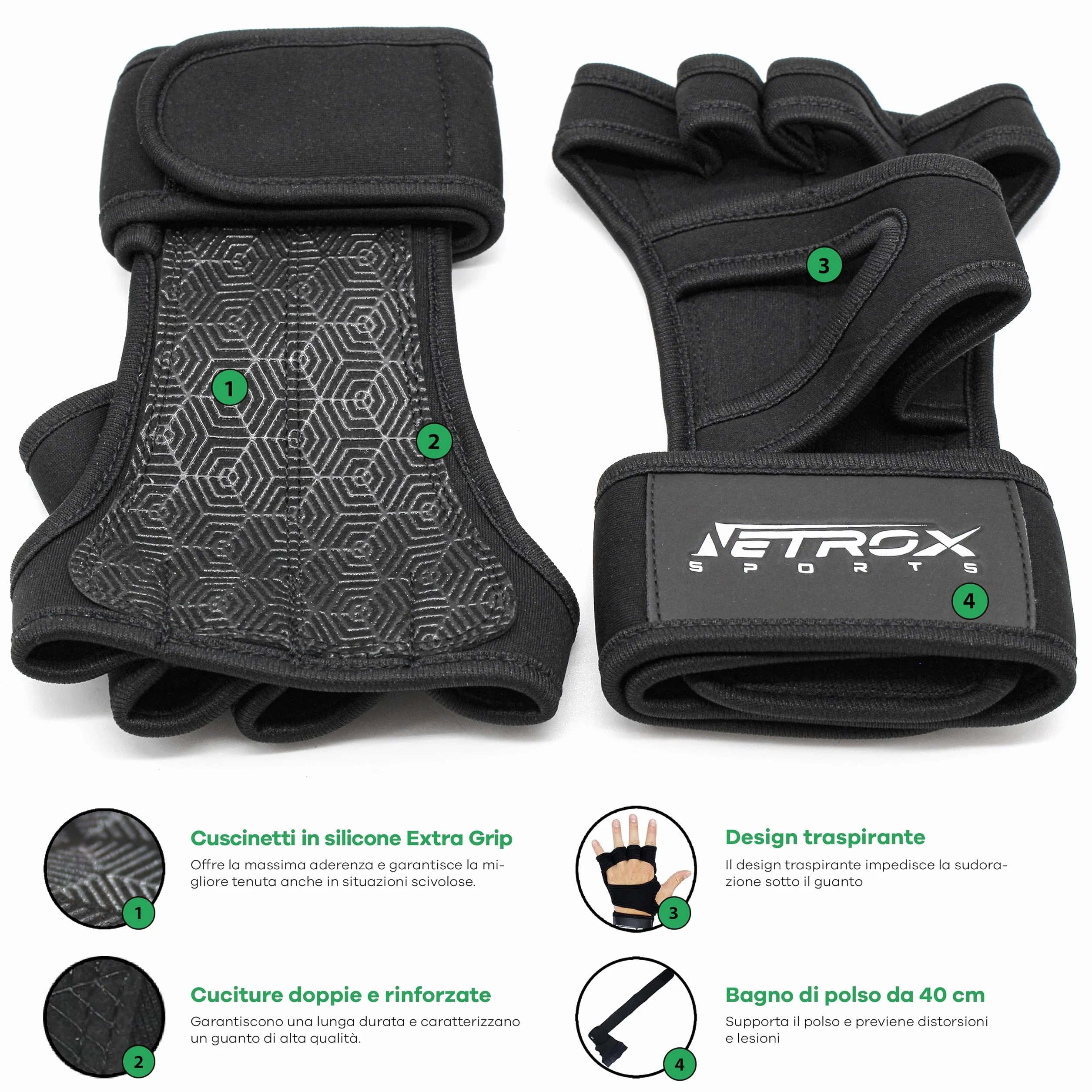 NetroxSports Guanti Palestra Uomo Donna 40cm Polsini Antiscivolo Traspirante Fitness Gym Gloves