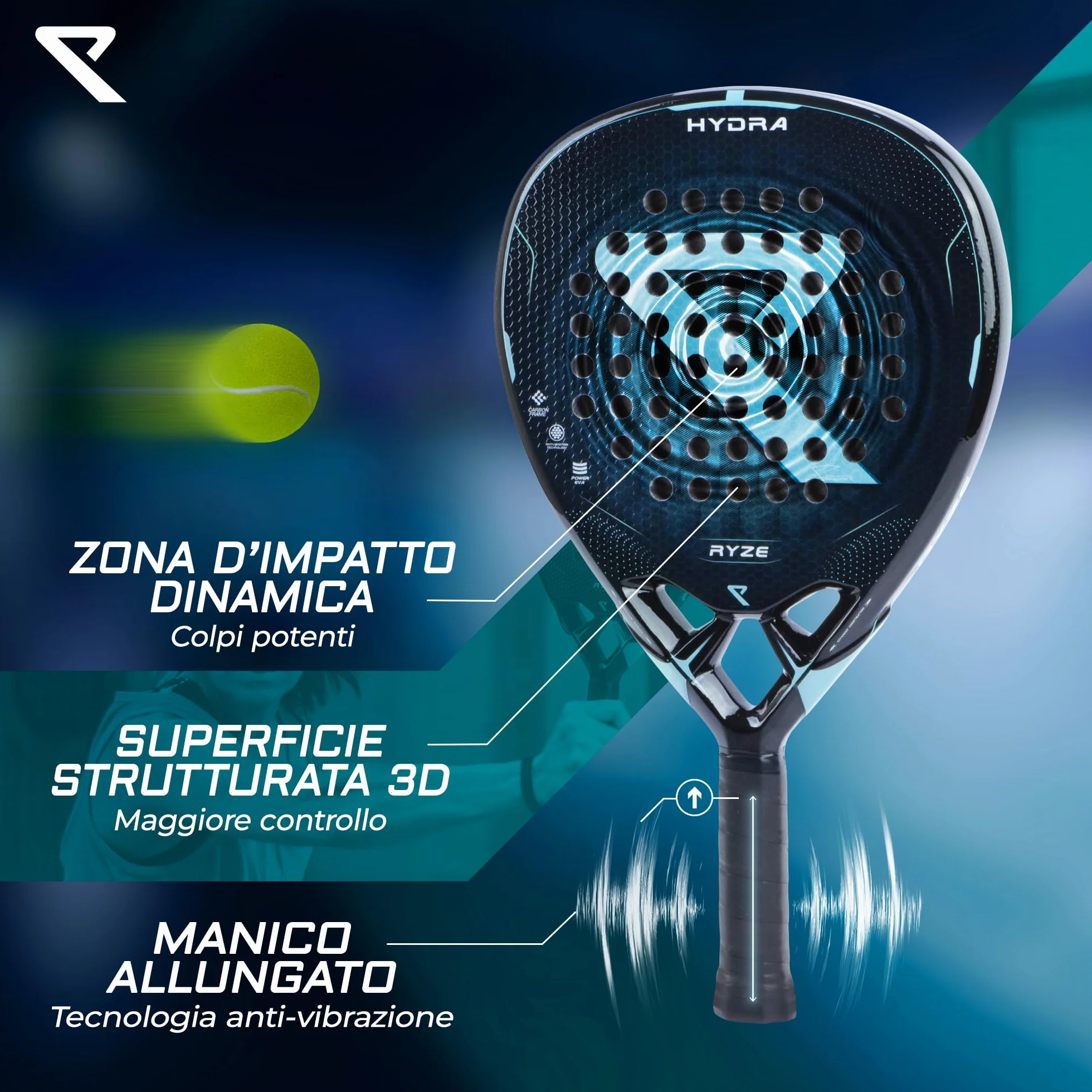 RYZE HYDRA Racchetta da Padel 100% Fibra di Carbonio 365g EVA-18 Flex Custodia Inclusa