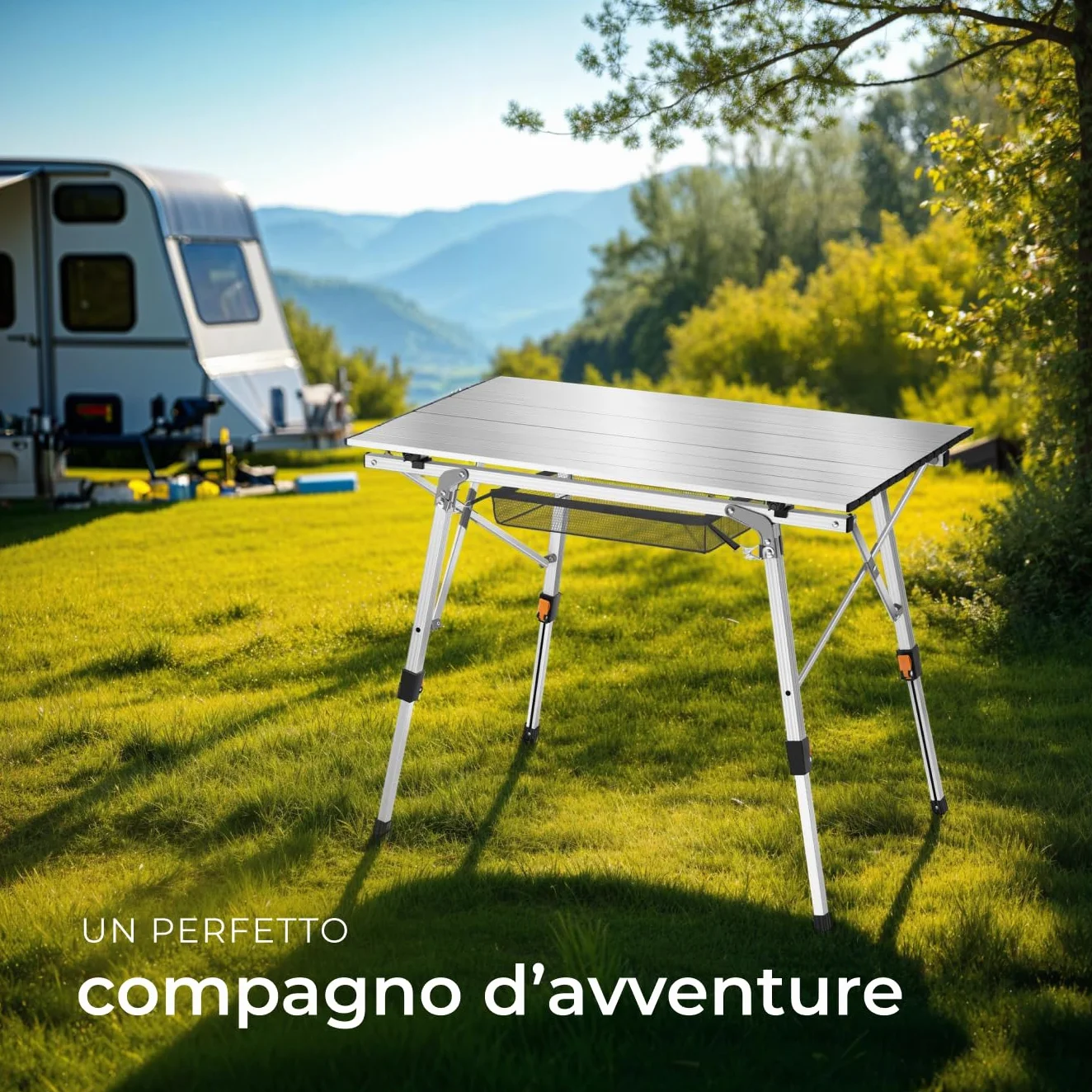 Tavolo da Campeggio in Alluminio Pieghevole Tina Regolabile in Altezza Cappucci Antigraffio - Argento