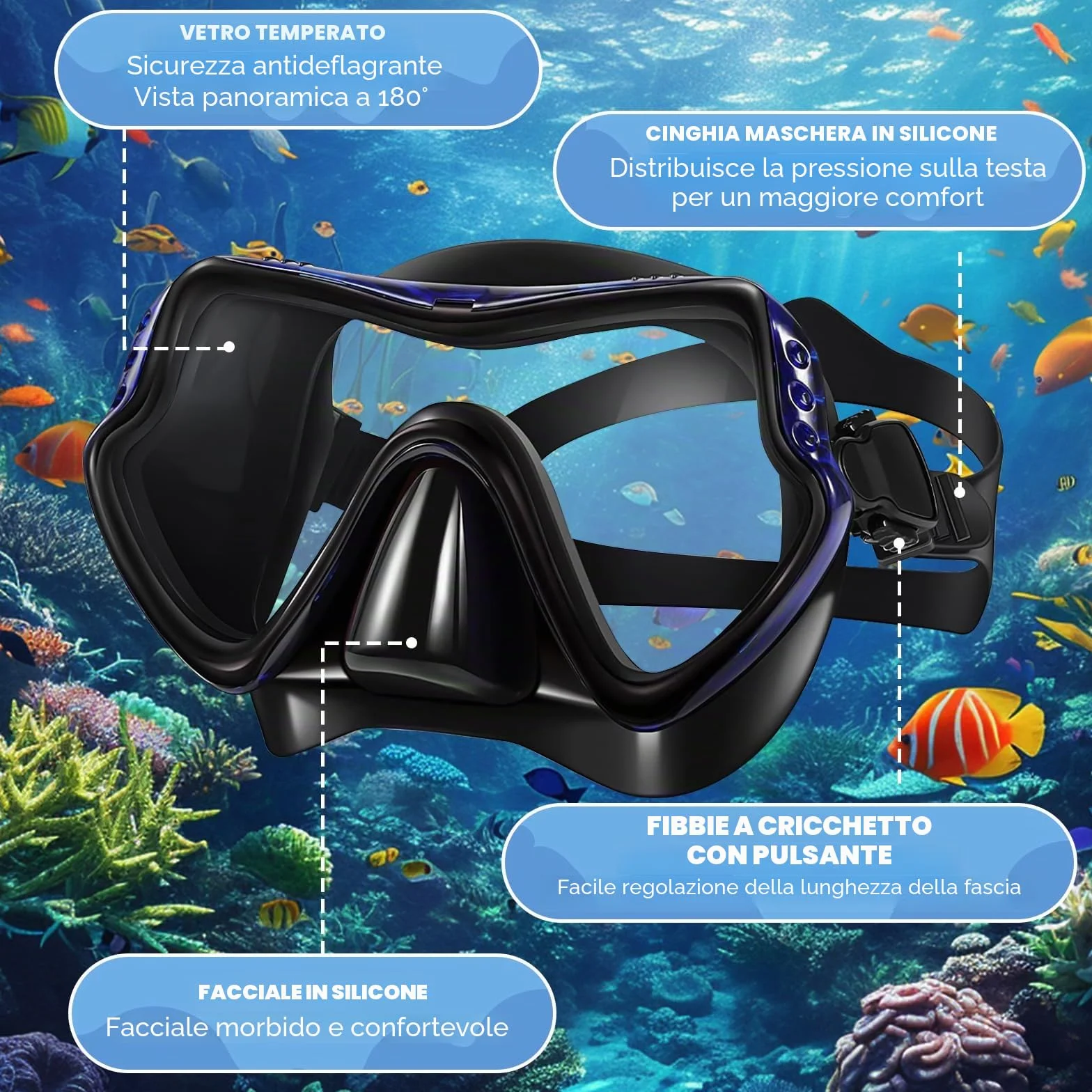 Maschera Snorkeling Adulto Antiappannante Panoramica 180° Set con Boccaglio