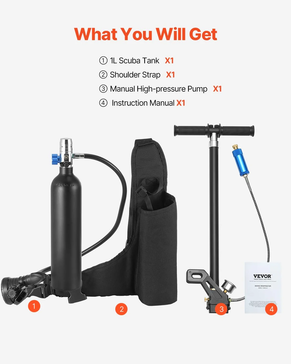 VEVOR Bombola Subacquea Portatile, capacità del Cilindro 1 L Bombola di Ossigeno per Immersioni, Supporta 15 a 20 Minuti di Respirazione Subacquea, profondità di Immersione 30 m con Pompa, Nero