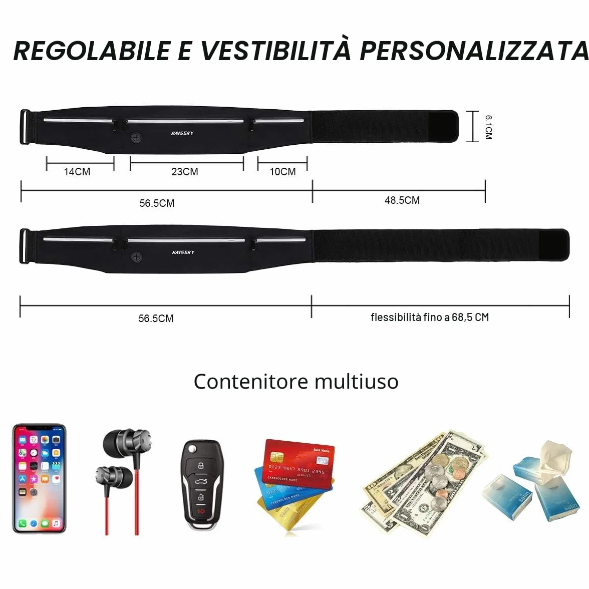 HAISSKY Cintura da Corsa con Cerniera e Foro per Cuffie, Marsupio per Telefoni Fino a 6,8 Pollici