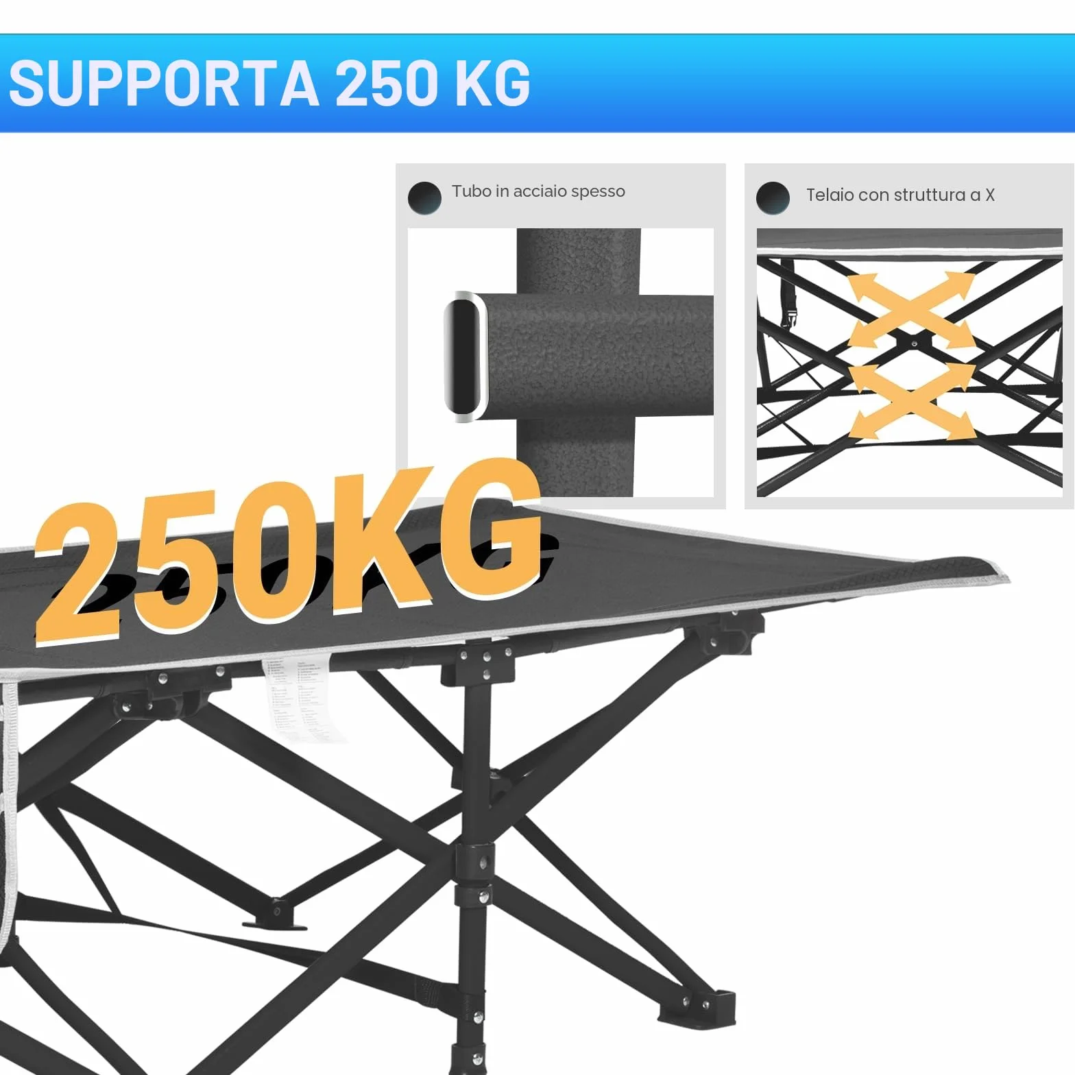 OVERMONT Lettino da Campeggio Pieghevole Singolo XL Caricabile 250 kg con Materasso e Tasca Laterale