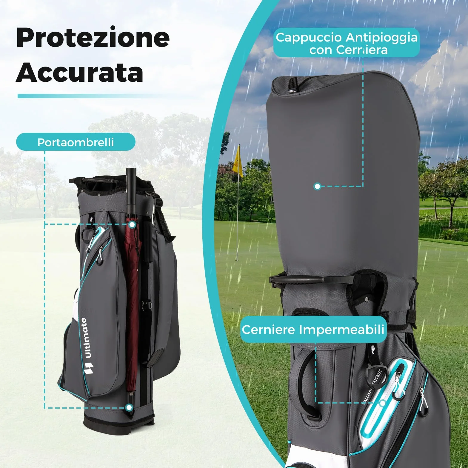 COSTWAY Borsa da Golf 14 Scomparti, Organizzatore Portatile con Tasca Frigo, Tracolla Regolabile, Cappuccio Antipioggia