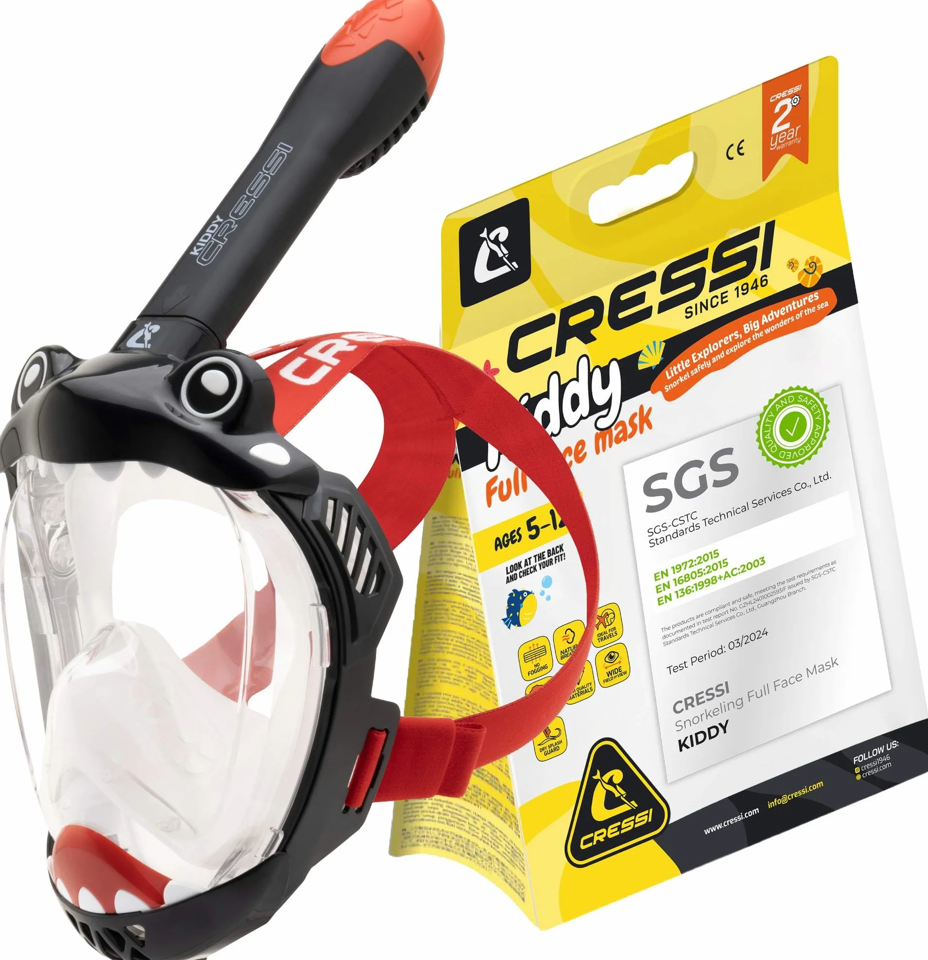 CRESSI Kiddy Kids Full Face Mask Maschera Integrale CO2 Sicuro Antiappannamento Snorkel Dry