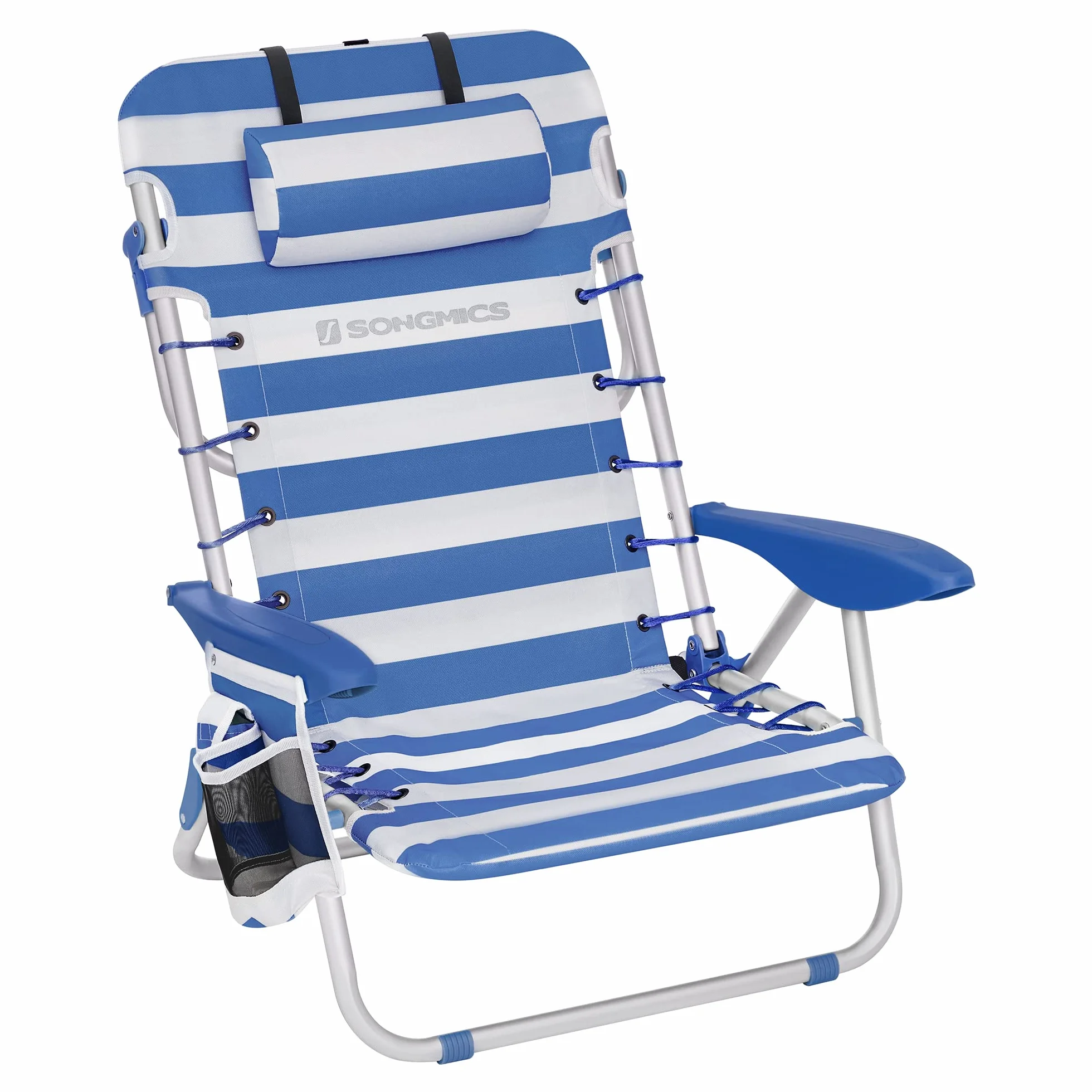 SONGMICS Sedia da spiaggia, sedia da campeggio pieghevole, con tracolla, schienale regolabile, poggiatesta, bracciolo, 2 tasche laterali, blu e bianco GCB62BU