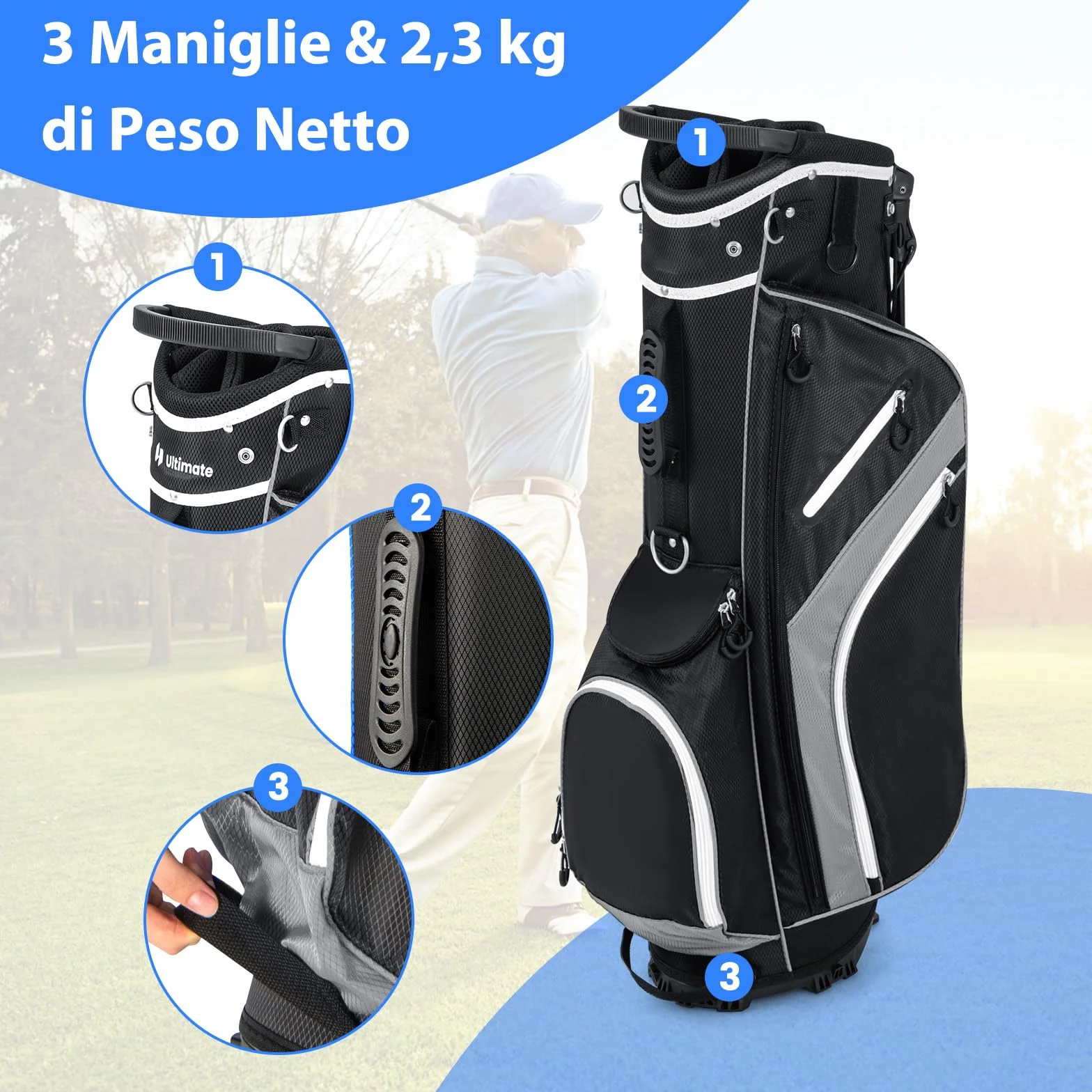COSTWAY Borsa da Golf con Supporto, Divisori a 14 Vie, 6 Tasche, Borsa Frigo, Doppia Tracolla e Cappuccio Antipioggia