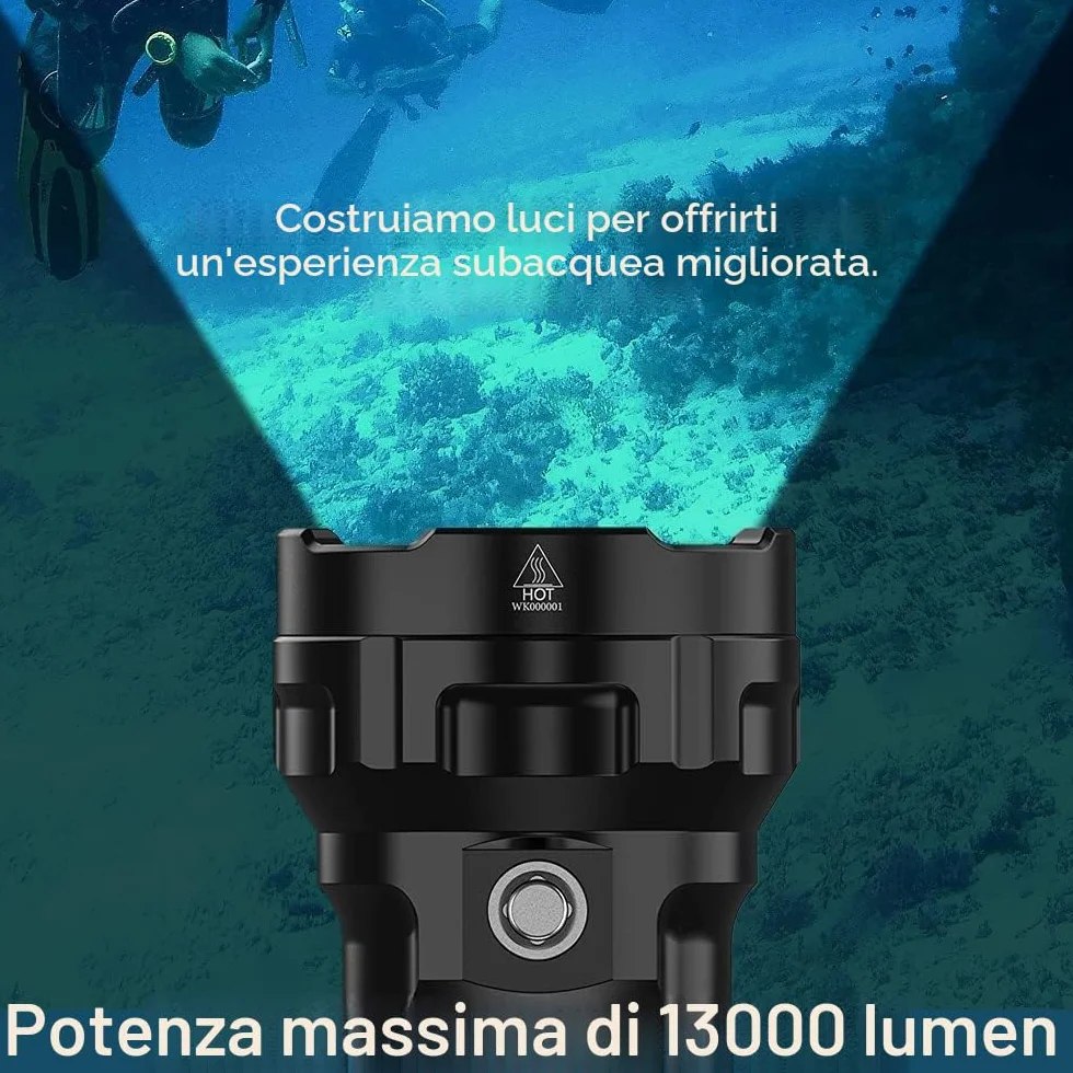 Wurkkos Torcia Subacquea 13.000 Lumen 4*XHP50.2 LED IPX-8 2x5000mAh Batterie Caricabatterie