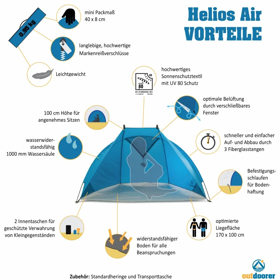 outdoorer tenda da spiaggia Helios Air, blu, UV 80, compatta, ventilata — tenda da spiaggia da viaggio