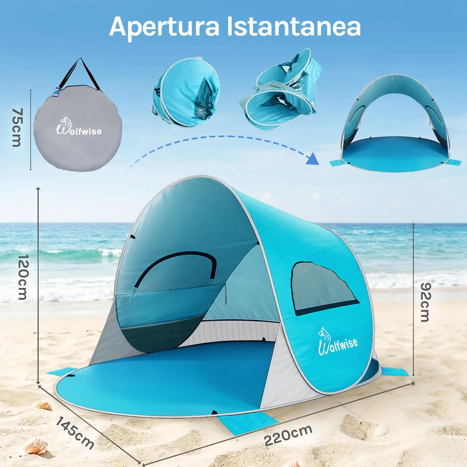 WolfWise Tenda Pop up Istantaneo, Spiaggia UPF 50+, Tenda Automatica Portabile Riparo dal Sole per Famiglia/Pesca/Trekking/Picnic