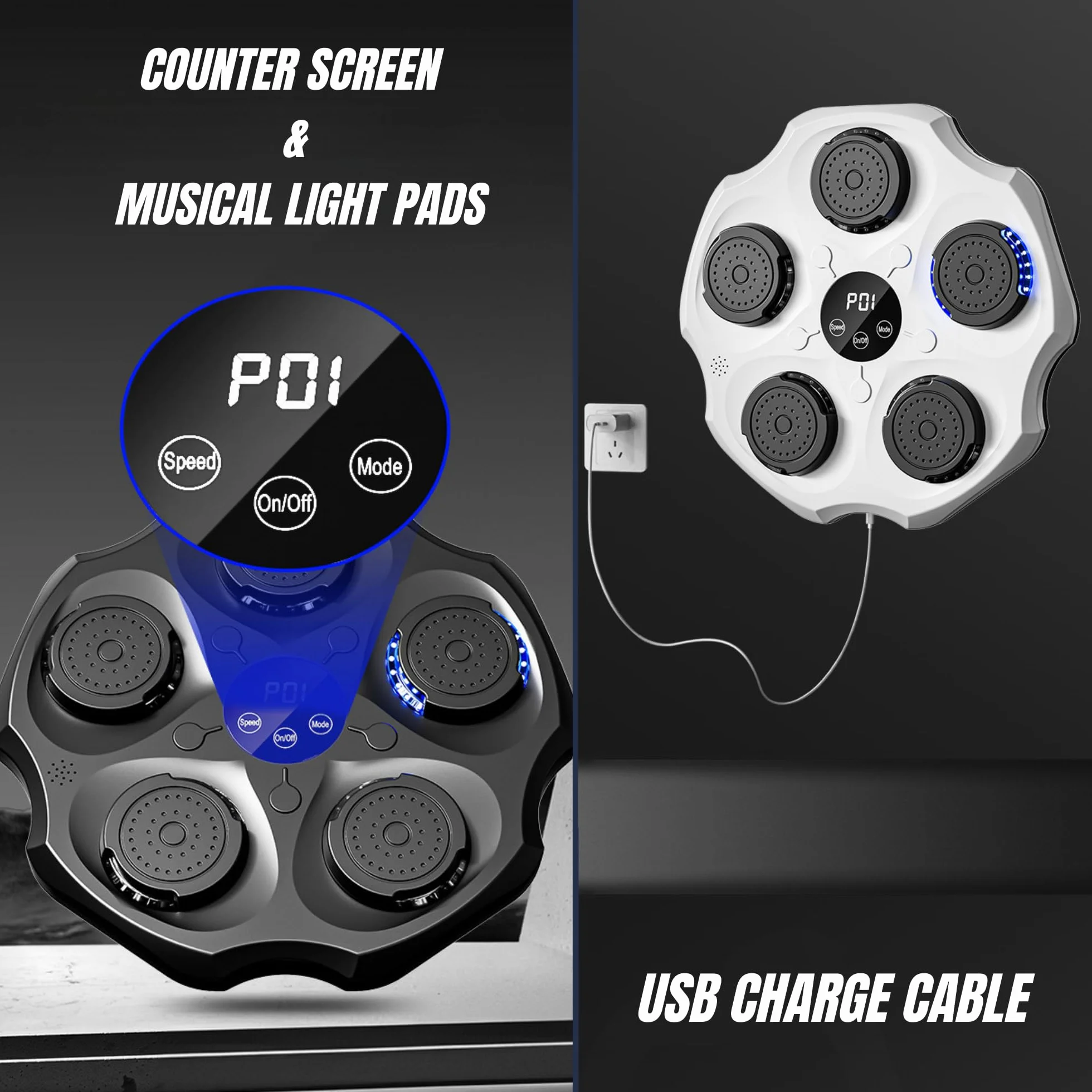 Macchina da Boxe Musicale, Attrezzatura da Allenamento per Boxe a Parete In PU con Guantoni da Boxe, Pad da Boxe a LED, Bluetooth, Luci al Ritmo Della Musica. (2 mode, 43x43x5 cm)