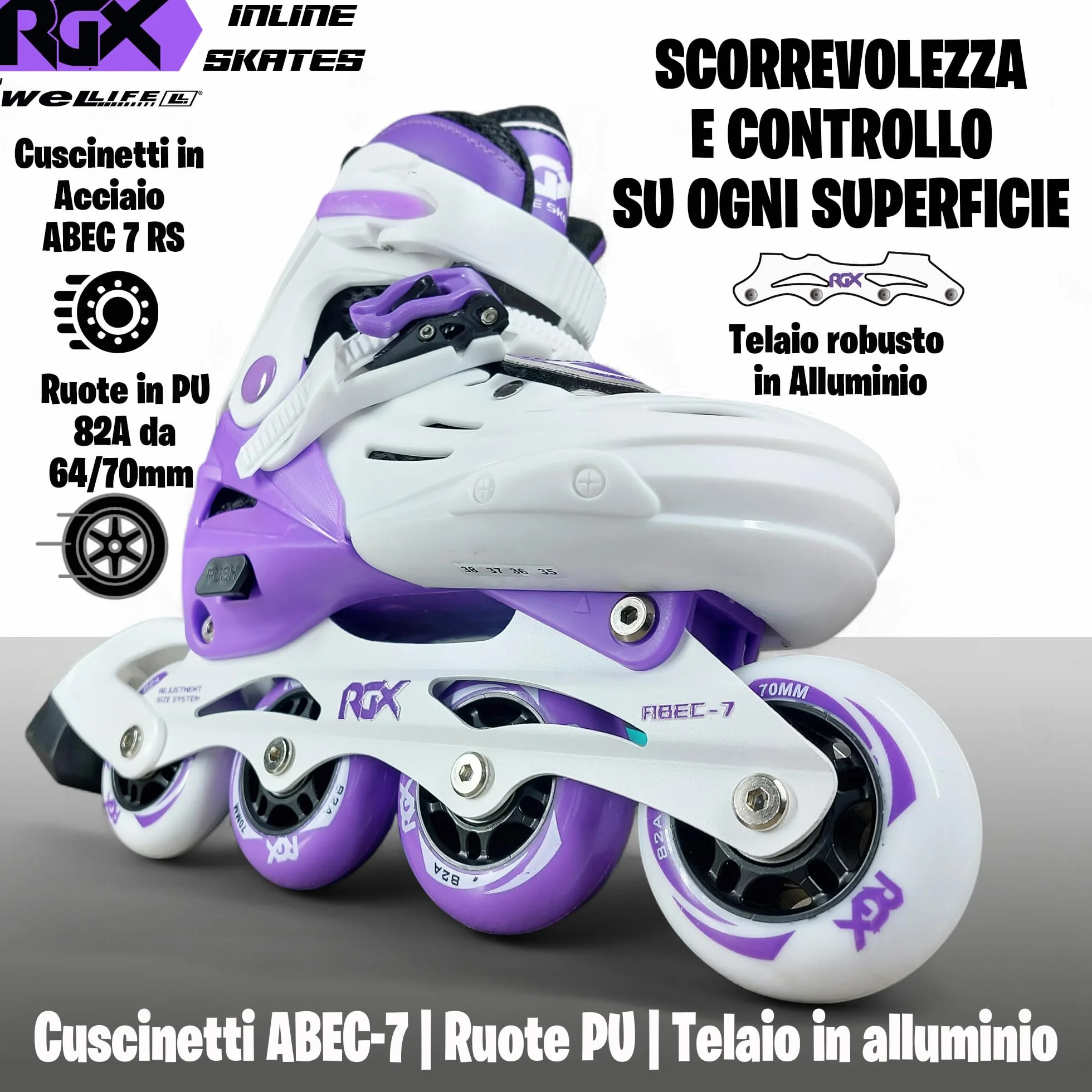 WeLLIFE RGX Line Pattini in Linea Bambina e Bambino Regolabili 4 Misure, Doppia Configurazione Ruote, Guscio Rigido, Piastra Alluminio, Cuscinetti ABEC-7