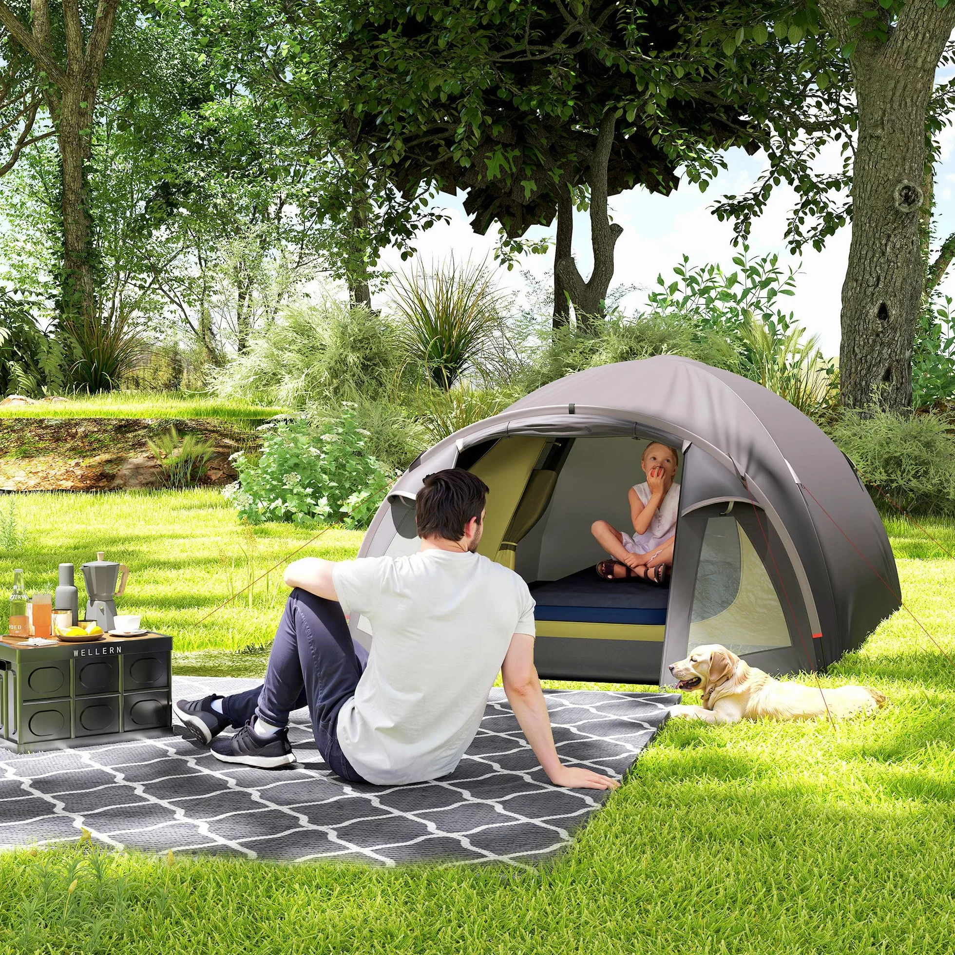 Outsunny Tenda da Campeggio a Tunnel per 2 Persone 2 Stanze Impermeabile 3000mm 330x190x120 cm Nero