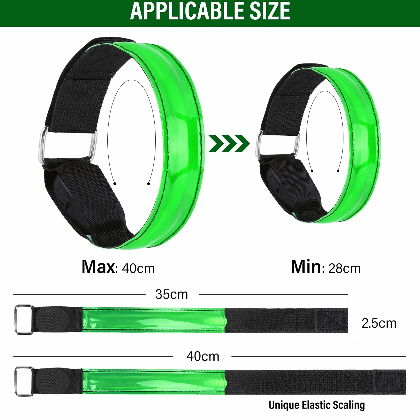 Bande Catarifrangenti LED Braccialetto Ricaricabile USB 3 Modalità Illuminazione Fascia Braccio Sicurezza Alta Visibilità per Running Bici Corsa Notturna (Verde)