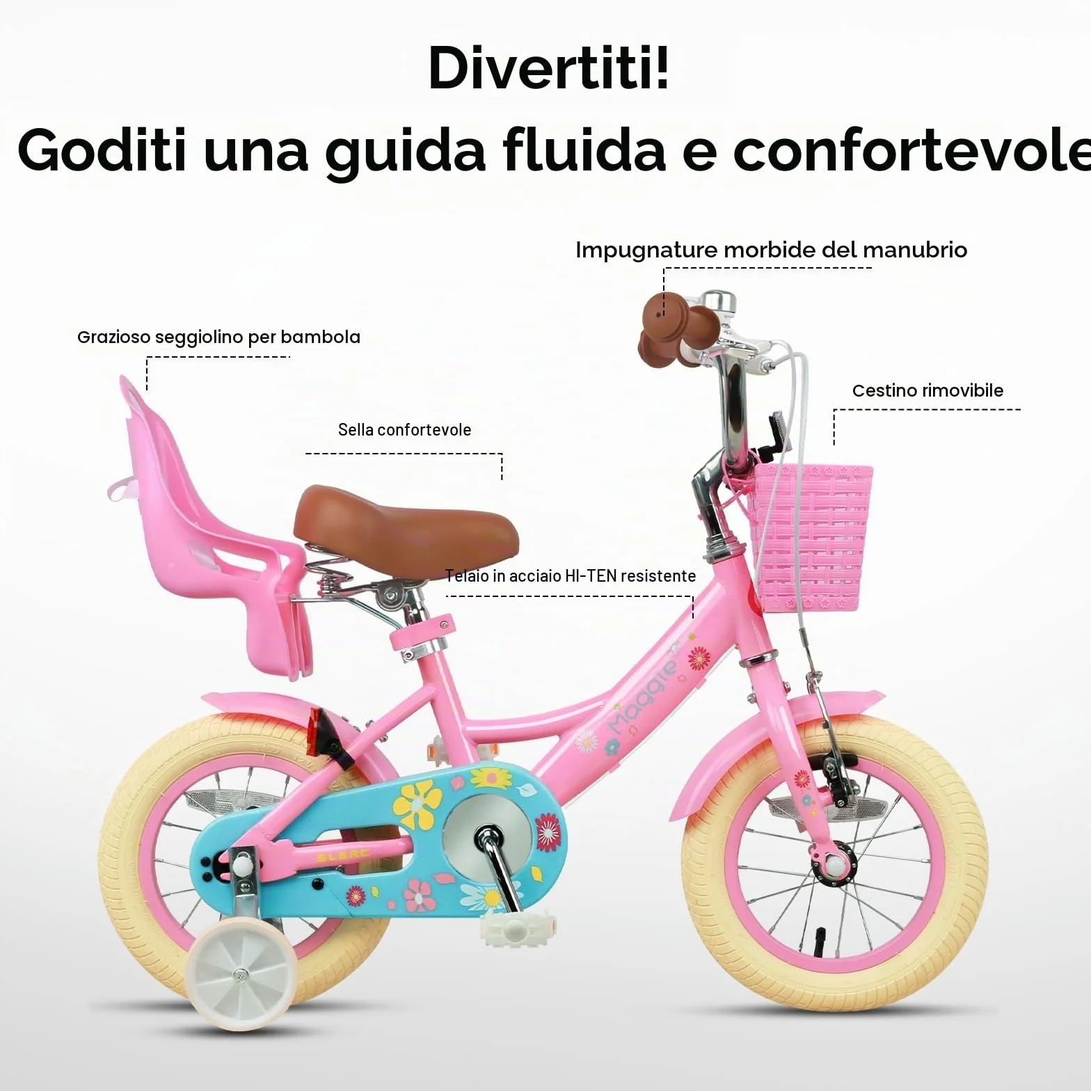 Glerc Bicicletta bambine 40,6 cm 2-7 anni con cestino ruote campanello colori assortiti