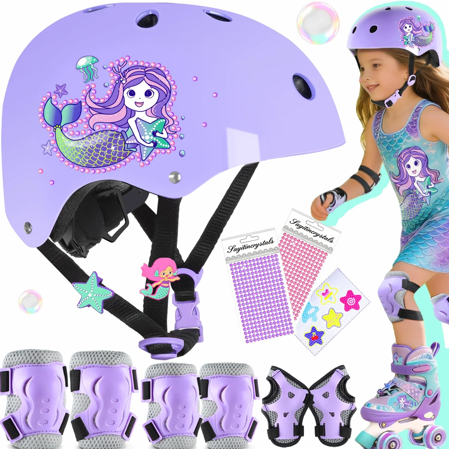 Sirenetta Set Casco Protezione Bambina Regolabile Ginocchiere Gomitiere Bici Skateboard Hulajnoga