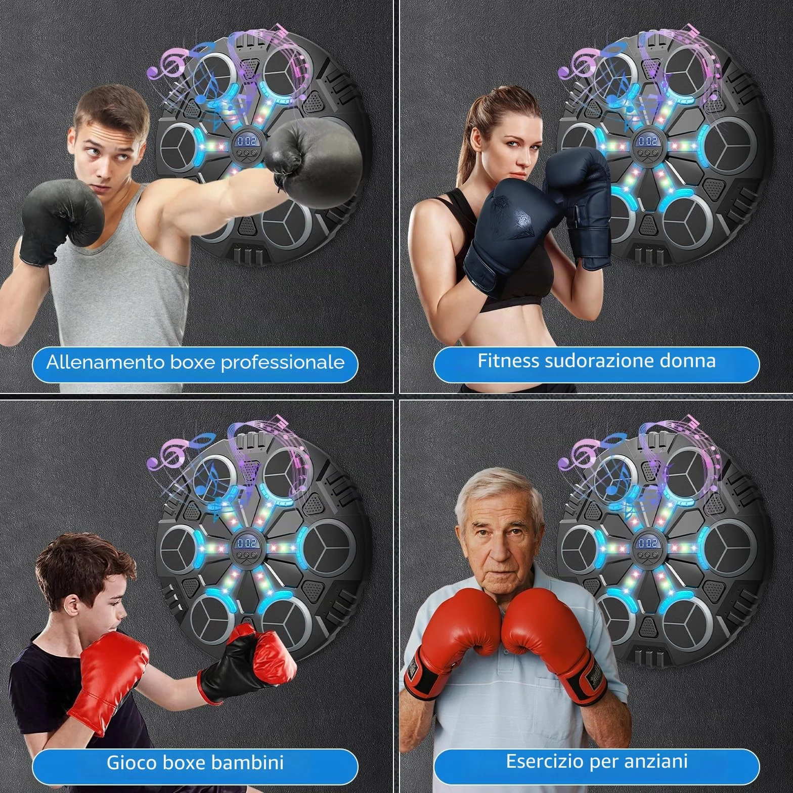 Machine de Boxe Musicale,LED Macchina da Boxe Musicale da Parete Pugile con Guanti da Boxe,3 modalità di velocità e modalità di Conteggio,Bluetooth Boxe Allenamento pour Enfants et Adultes