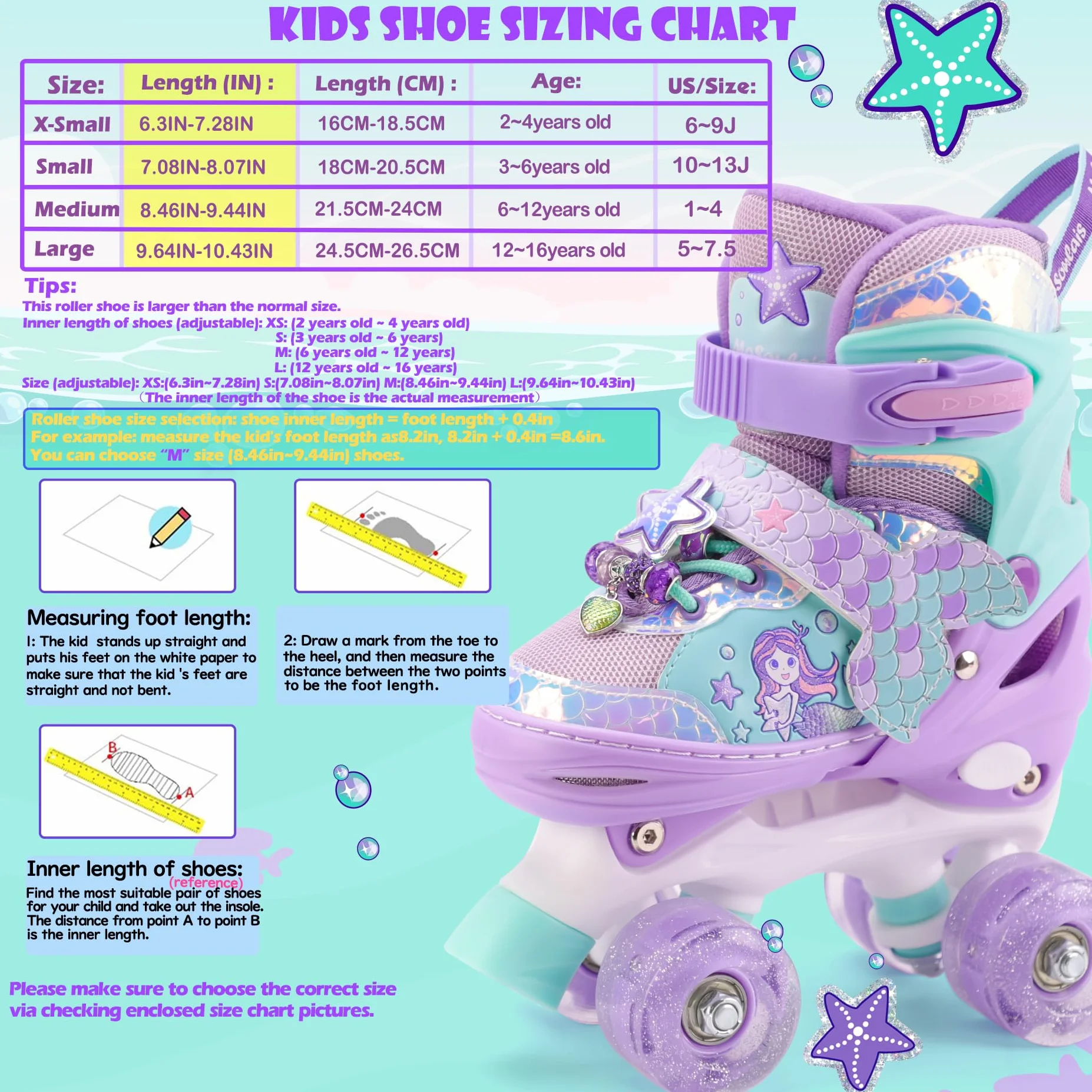 Sirenetta Pattini a Rotelle Bambina Pattini Bambina Pattini 4 Ruote Regolabili con Tutte LED Ruote Luminose per Principianti Ragazza Bambina Regali di Natale e Compleanno