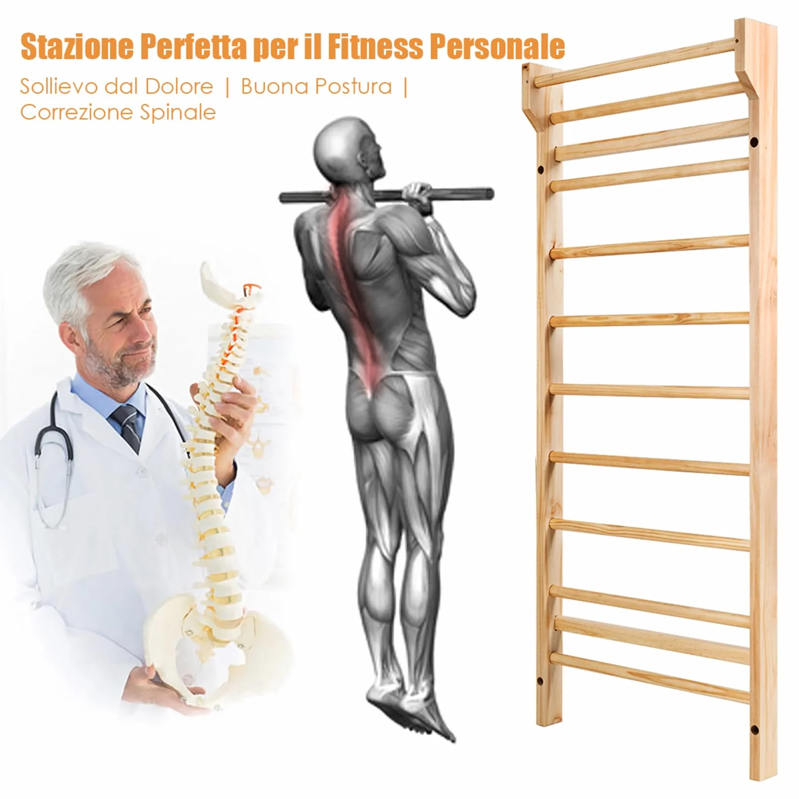 COSTWAY Spalliera Svedese Adulti Bambini Legno 10 Gradini Carico Massimo 100 kg 195x80x14 cm