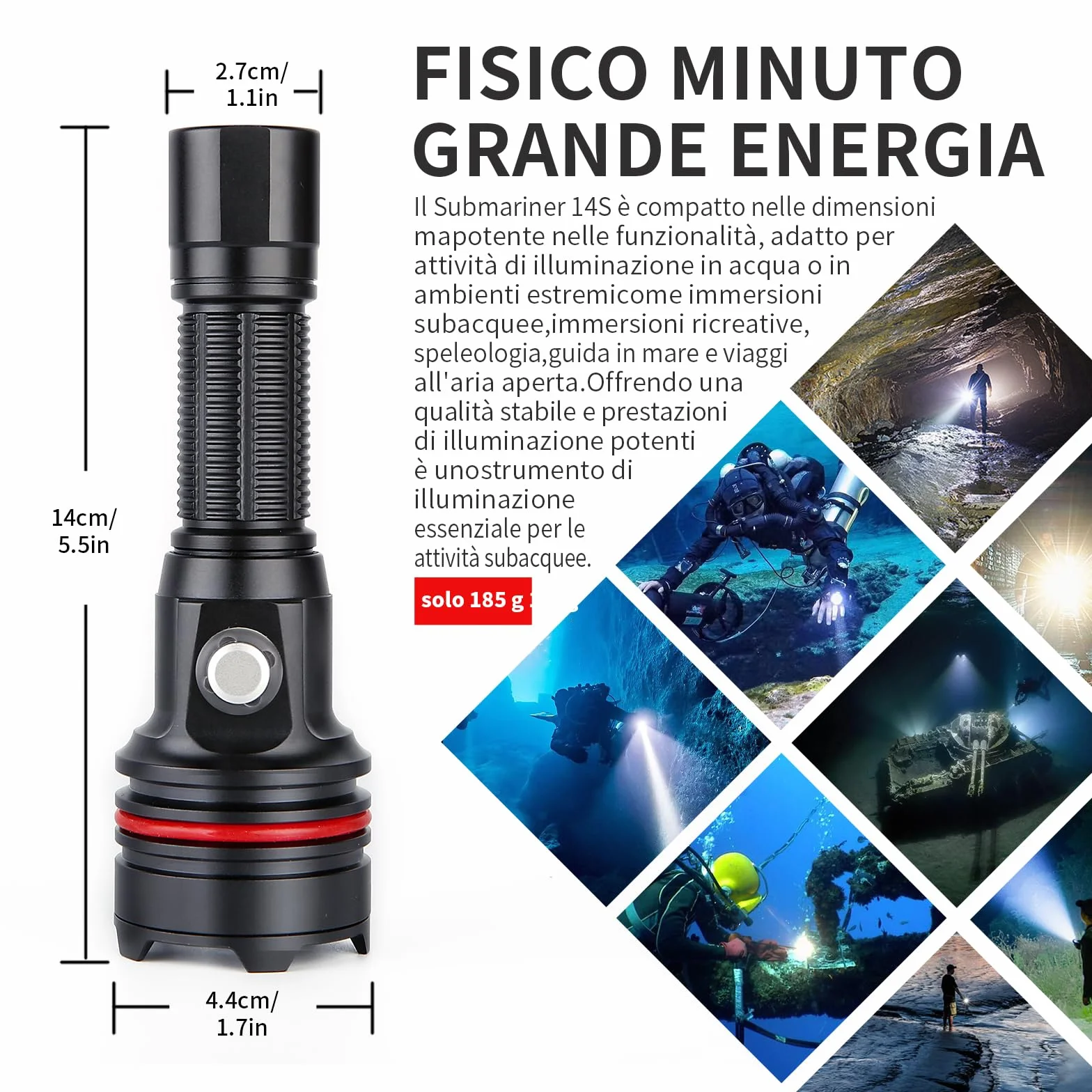 Torcia Subacquea 2000 Lumen IP68 100m USB-C Ricarica 6 Modalità