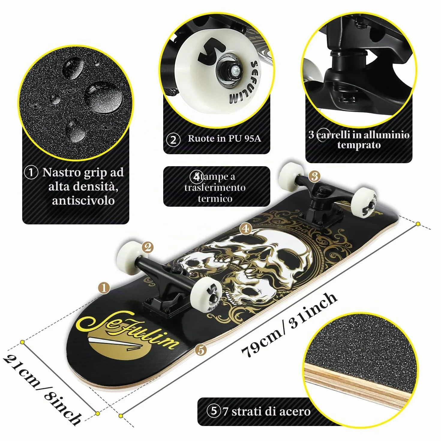 31 x 8 Pollici Skateboard Completo 7 Strati Acero Canadese Double Kick Deck concavo Skateboard per Ragazzi Ragazze Adolescenti Adulti Principianti