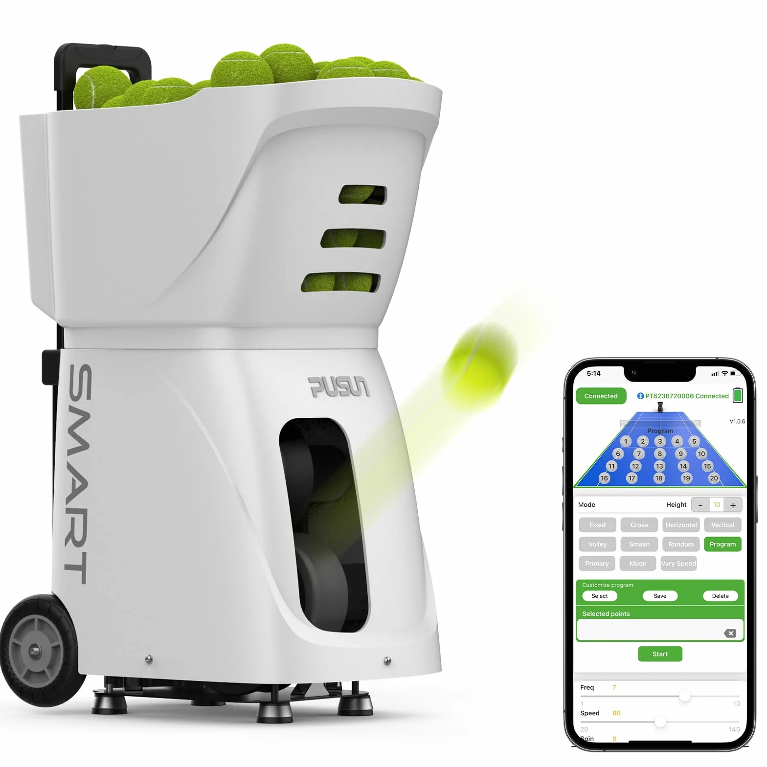 PT-Smart Macchina per palline da tennis con app telecomando Lanciatore elettronico portatile Batteria 4-6 ore Oscillazione Topspin Backspin