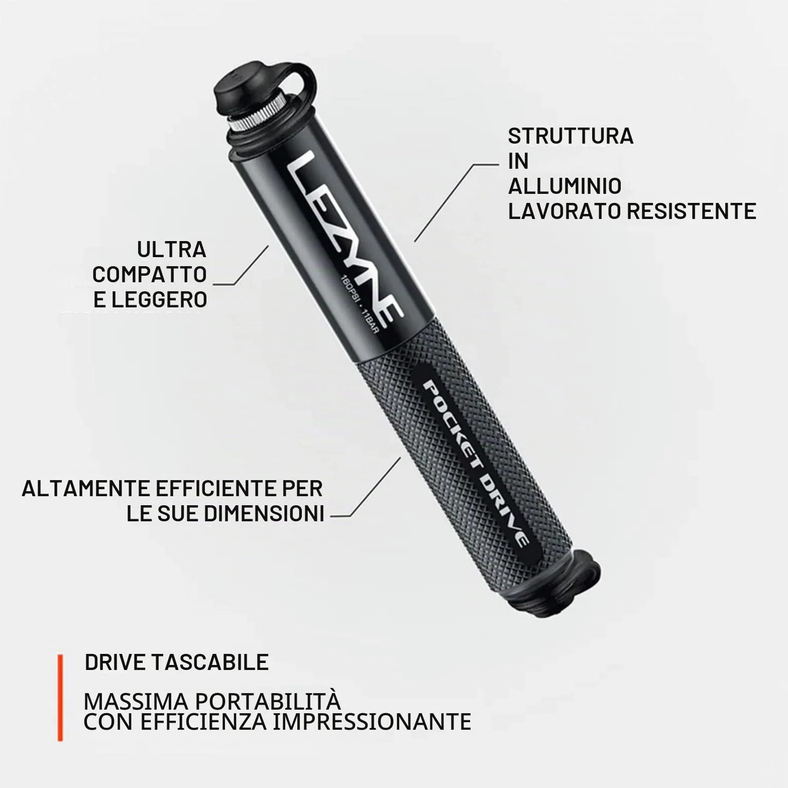LEZYNE Pompa manuale per bicicletta HP Pocket Drive 160 PSI, alluminio CNC, Presta e Schrader