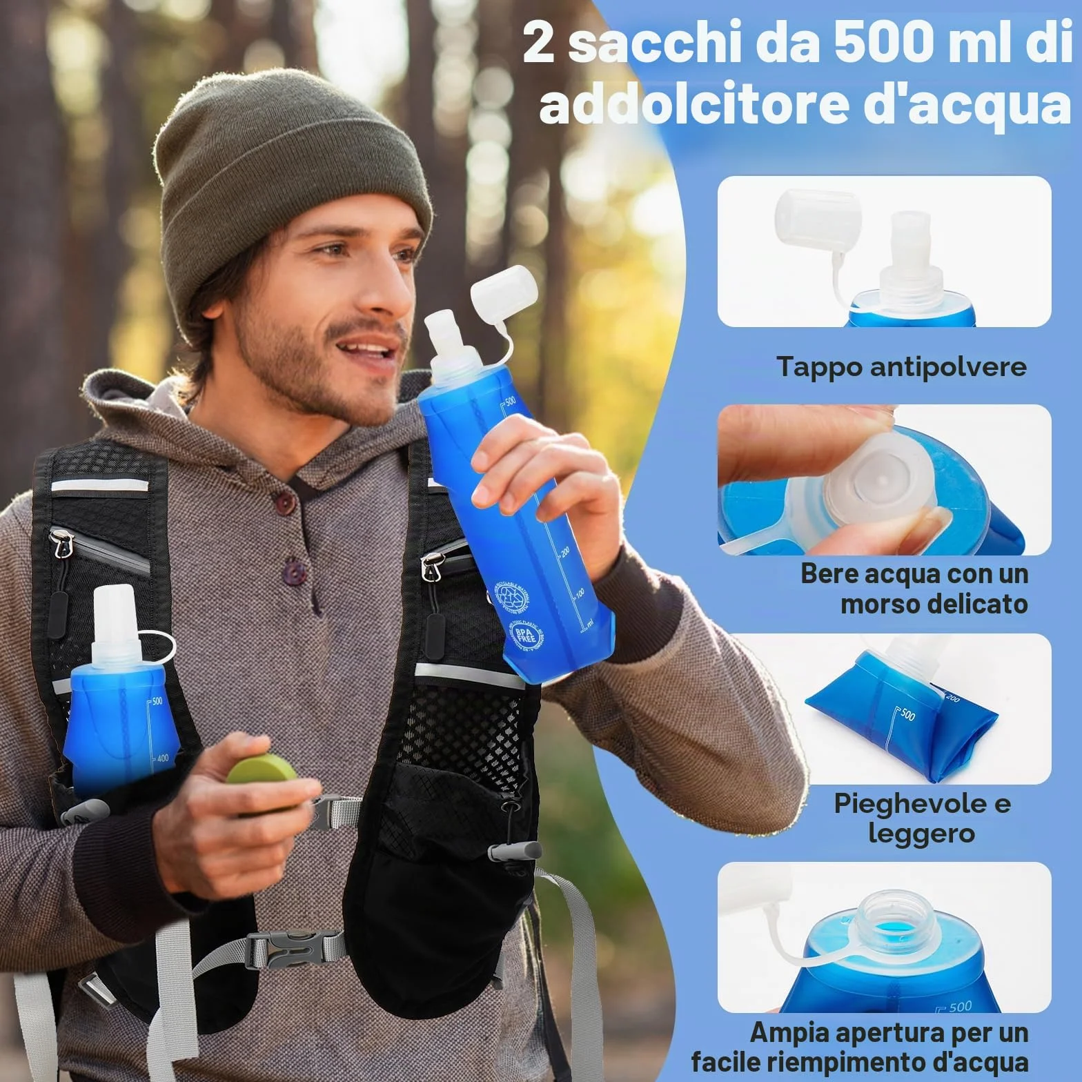 Gilet Running Super Leggero con 2 Borraccia Morbida 500ml, Zaino Trail Running per Uomo e Donna, Cinghie Pettorali Regolabili, Riflettente Traspirante per Corsa Maratona