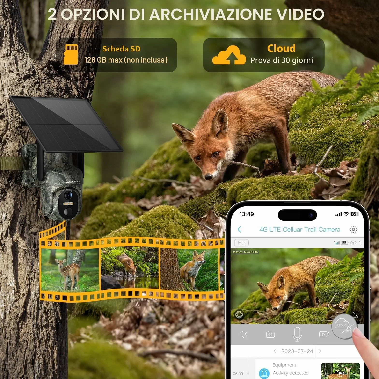 Fotocamera da Caccia 4G con SIM Preinstallato, Fototrappola Solare 2K, Visione Notturna a Colori, Rilevamento PIR, IP66
