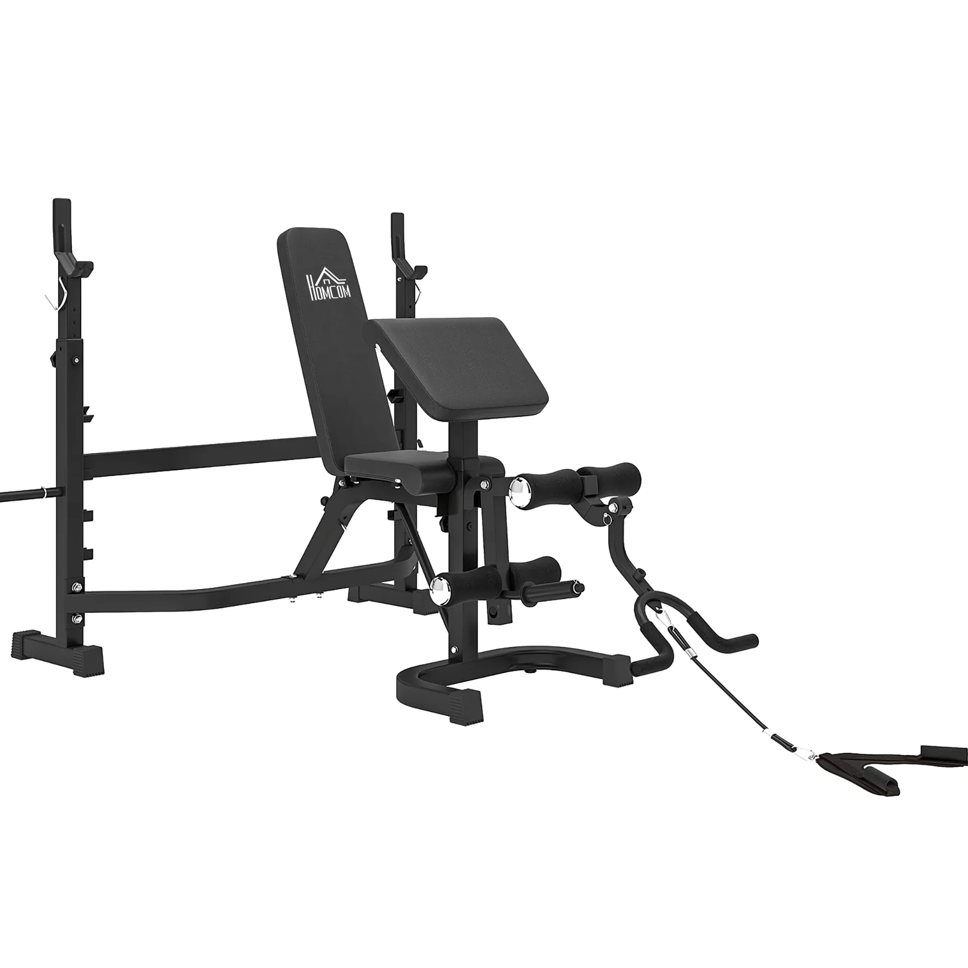 HOMCOM Panca Palestra Multifunzione Regolabile con Rack Bilanciere, Pad per Gomiti e Schienale, Panca Pesi Inclinabile Piana con Leg Extension, Low Row, Arm Curl, Addominali, Allenamento Palestra Casa