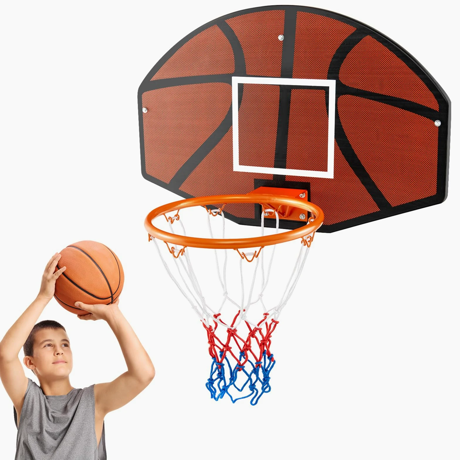 COSTWAY Tabellone Basket da Muro per Bambini e Adulti, Canestro da Basket a Parete da Interni ed Esterni con Tabellone Antiproiettile da 66,5 x 44,5 cm, Rete Anti-strappo e Accessori Completi
