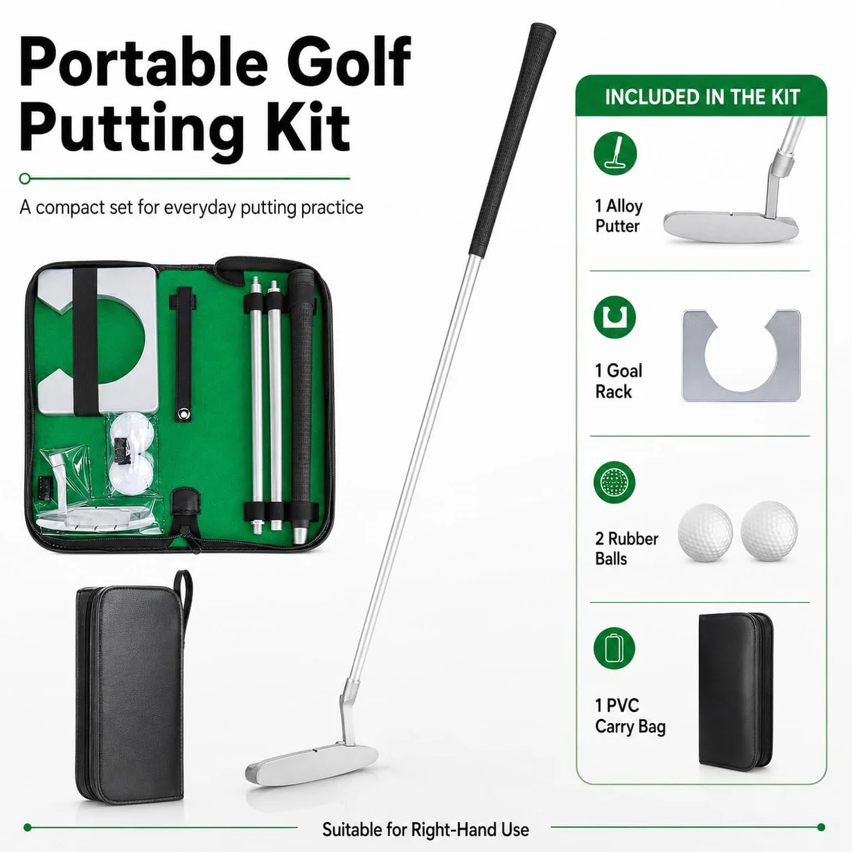 Mazza da Golf in Lega di Alluminio Staccabile, Putter Destri, Set da Ufficio con Palline e Sacca