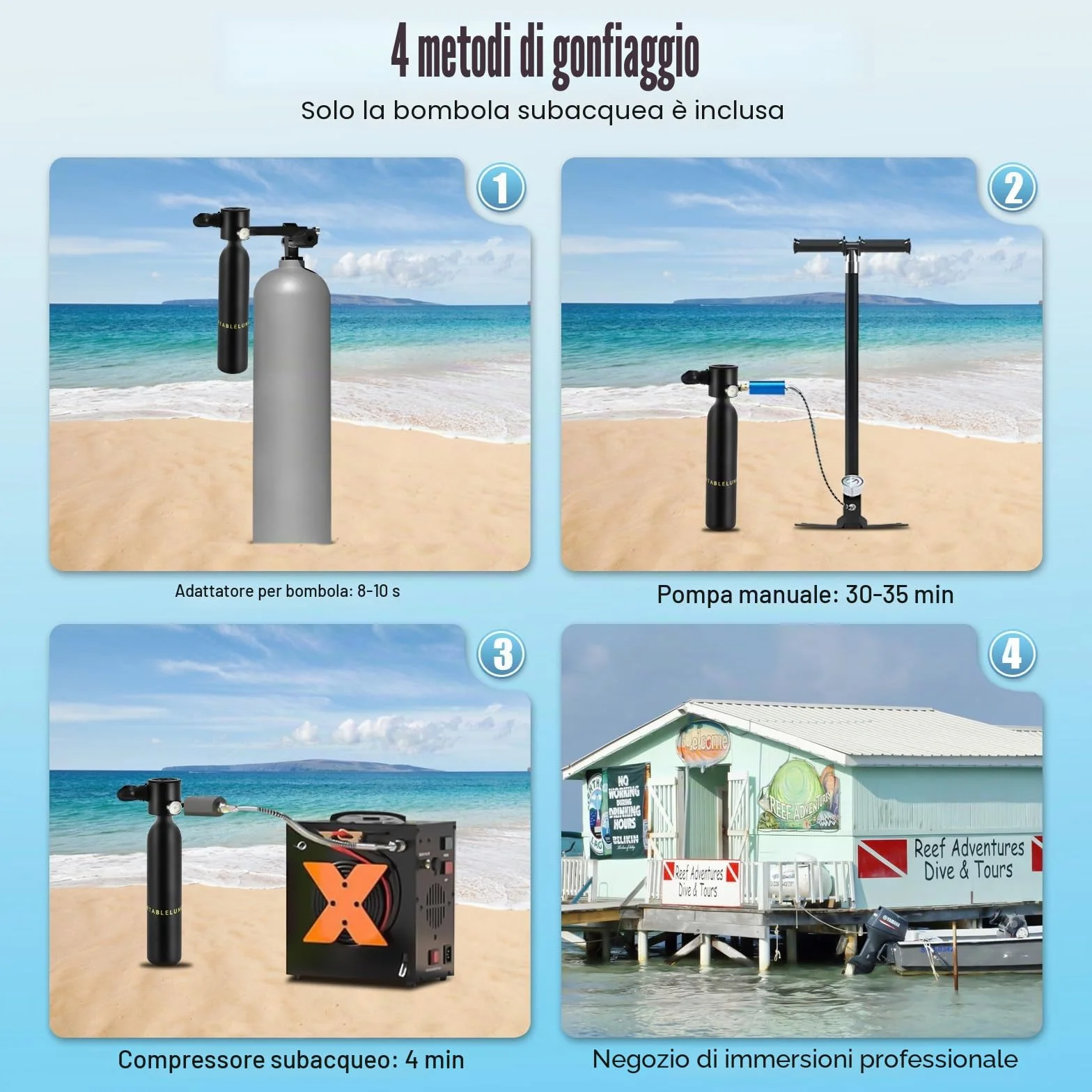 Mini Bombola di Ossigeno 0,5L Portatile per Immersioni con Misuratore di Pressione Impermeabile Illuminato 15-20 Minuti