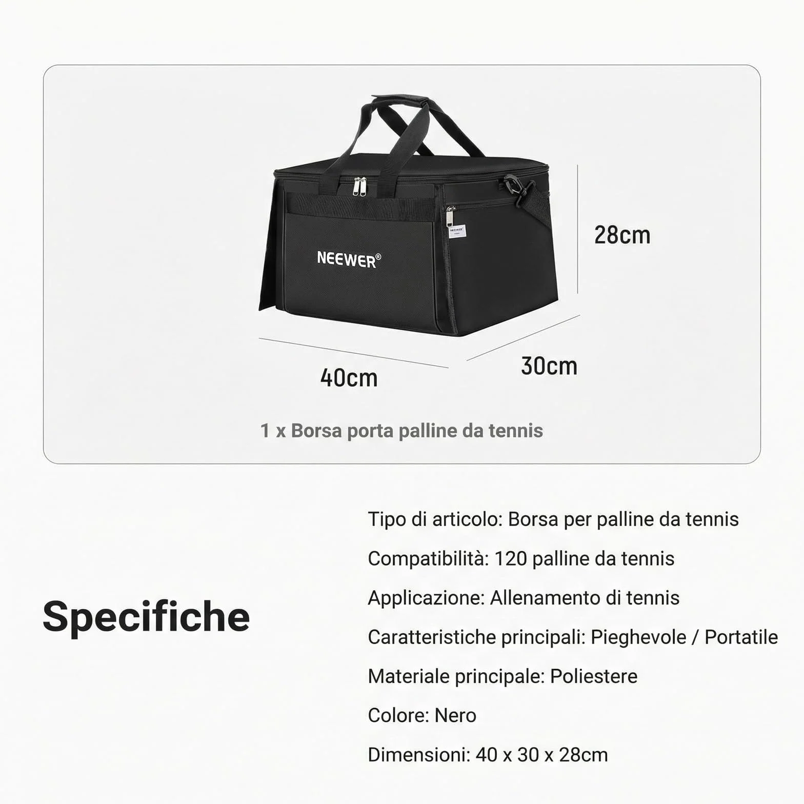 NEEWER TB03B Borsa Porta Palline Tennis Pieghevole in Poliestere con Tasche Laterali, Max 120 Palline