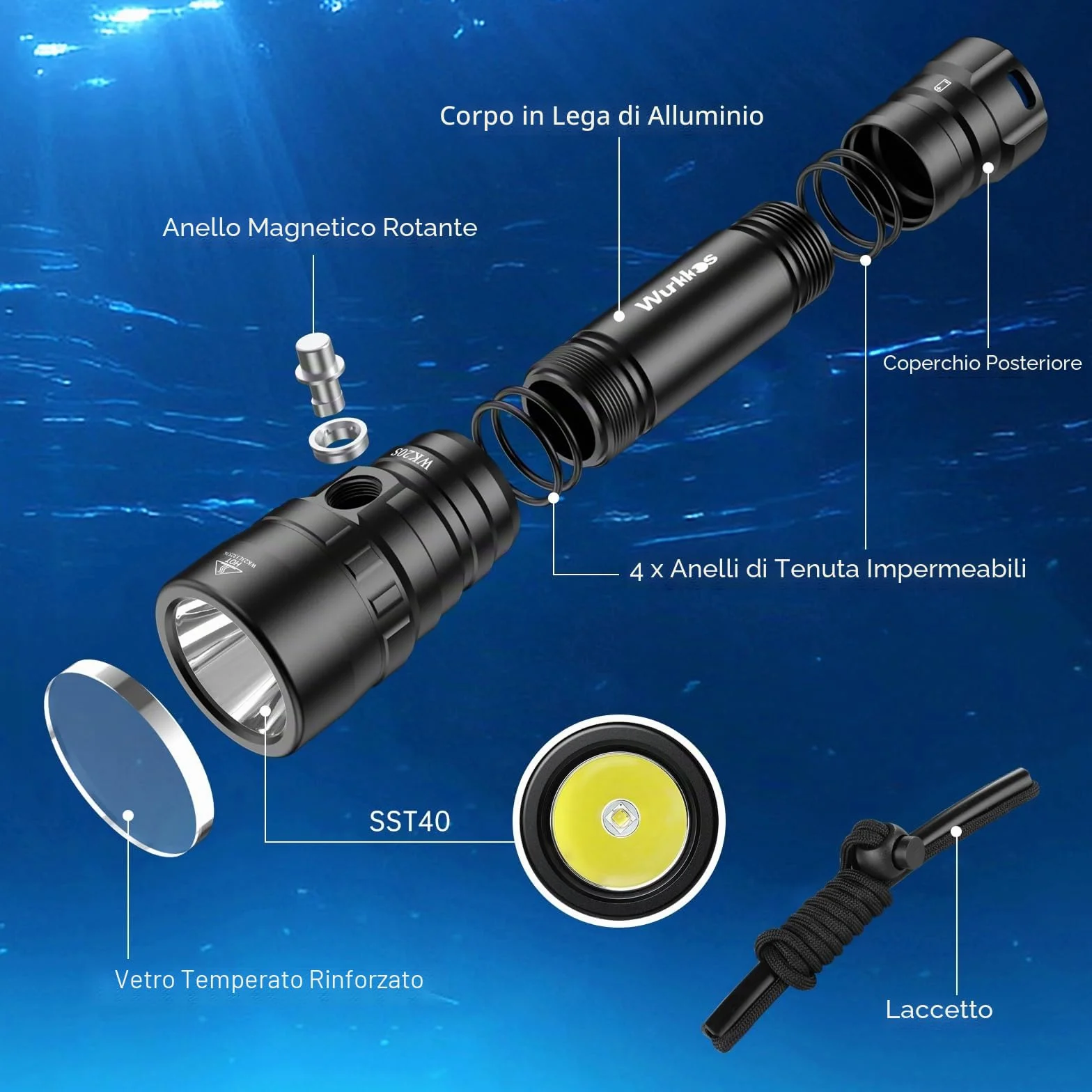 Wurkkos Torcia Subacquea 2000 Lumen Impermeabile 150m SST40 LED IPX-8 3000mAh
