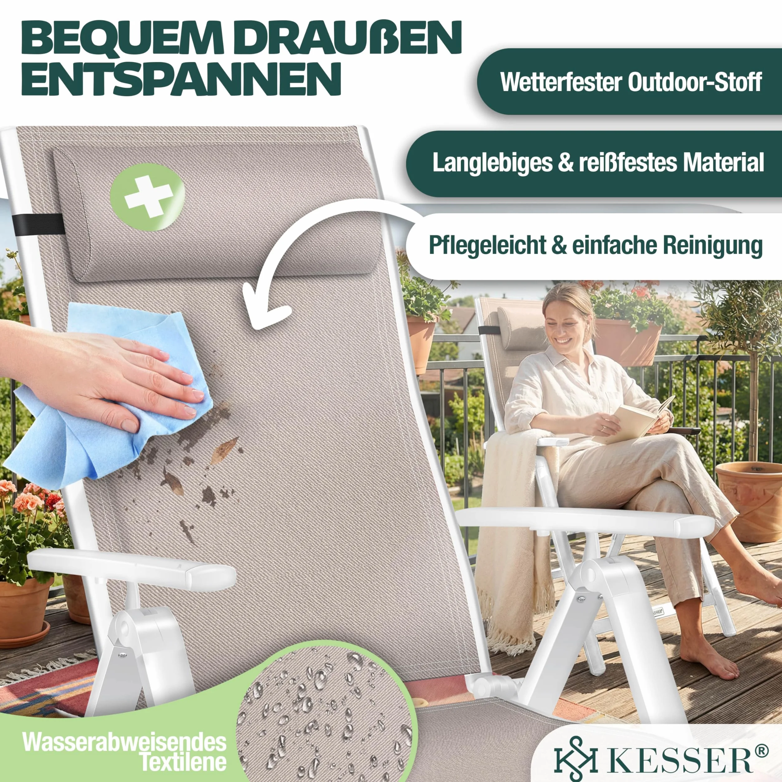 KESSER Sedia da giardino in alluminio pieghevole con cuscino e copertura, schienale regolabile 7 posizioni