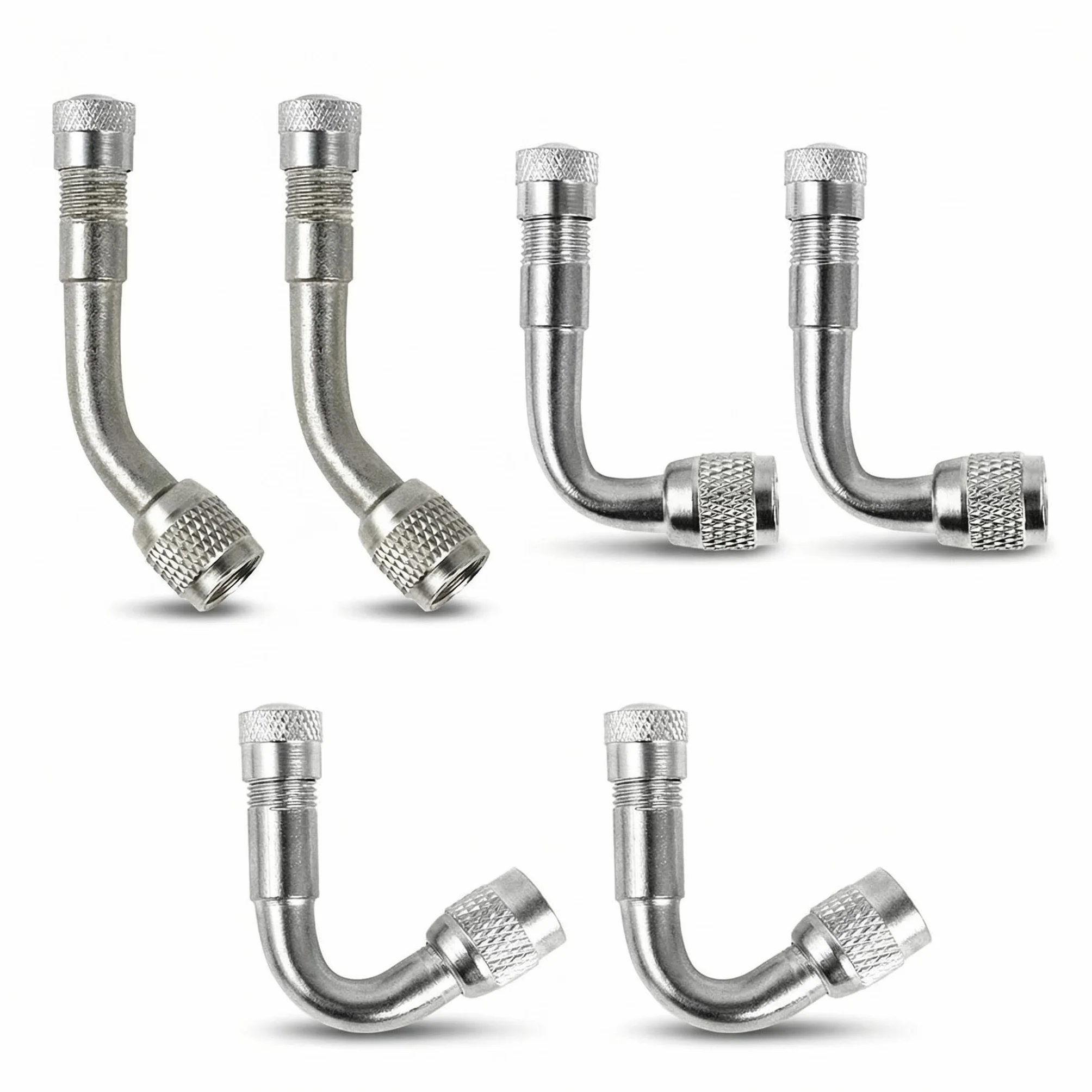 QWORK Prolunga valvola Pneumatici, 6 Pezzi Adattatore per Prolunga Valvola Pneumatico, Estensione Pneumatico Pneumatico in Ottone, per Camion Moto Auto Bici, 45 °, 90 °, 135 °, Argento