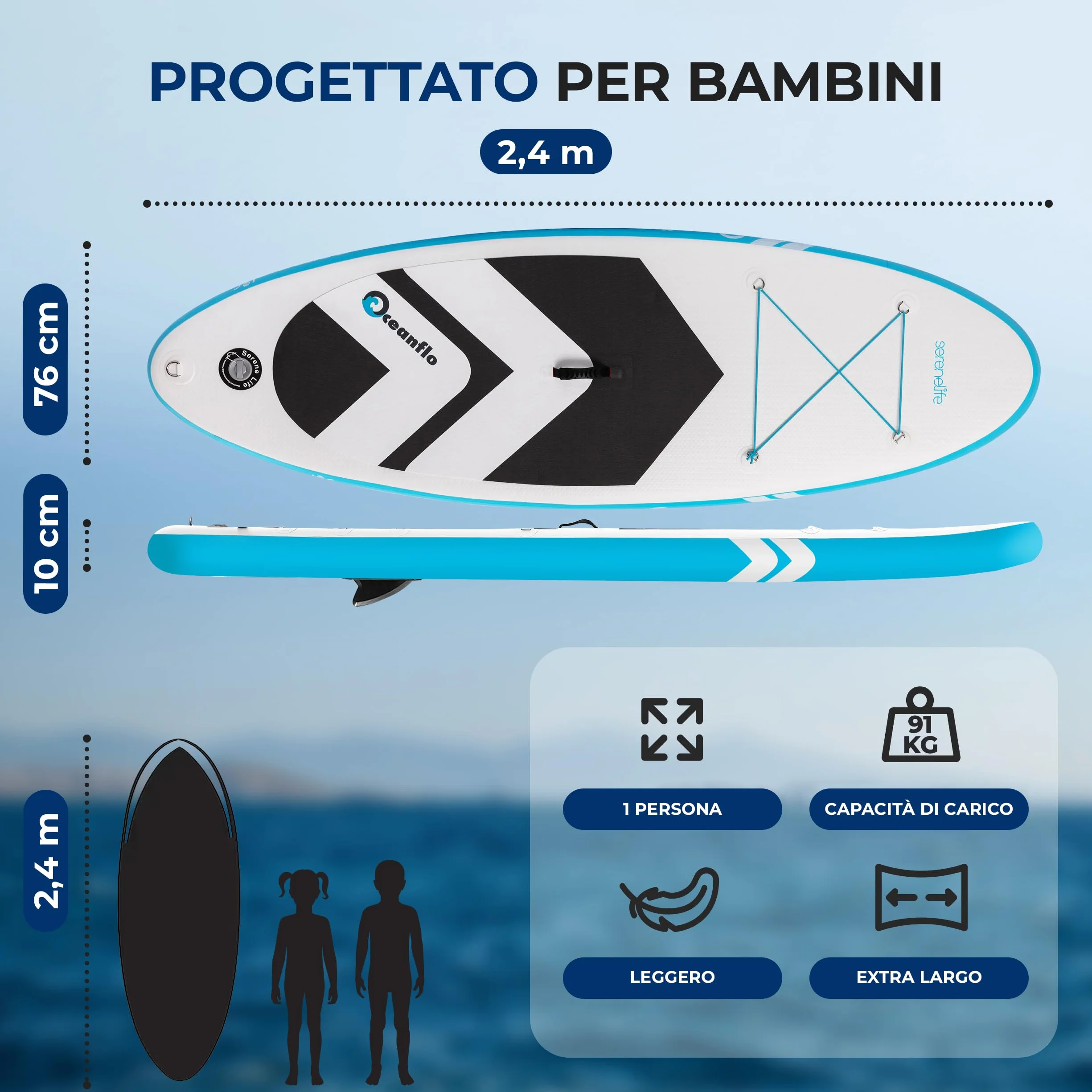 SereneLife SUP Gonfiabile 237 cm Tavola Larga 76 cm Stand Up Paddle Board Include Pagaia Regolabile Zaino 90 kg