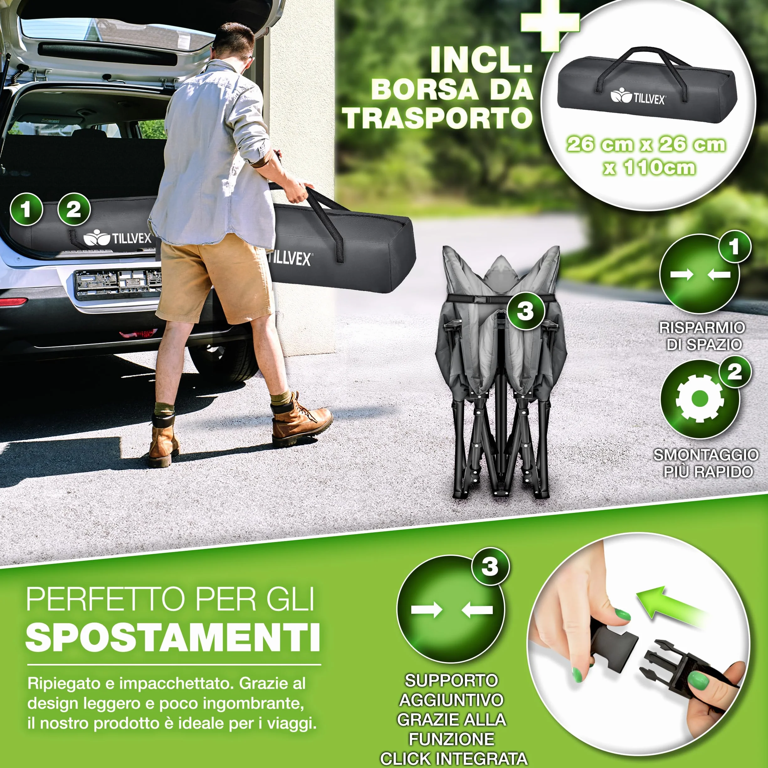 Tillvex Letto da campeggio pieghevole borsa trasporto 200 kg Lettino extra largo