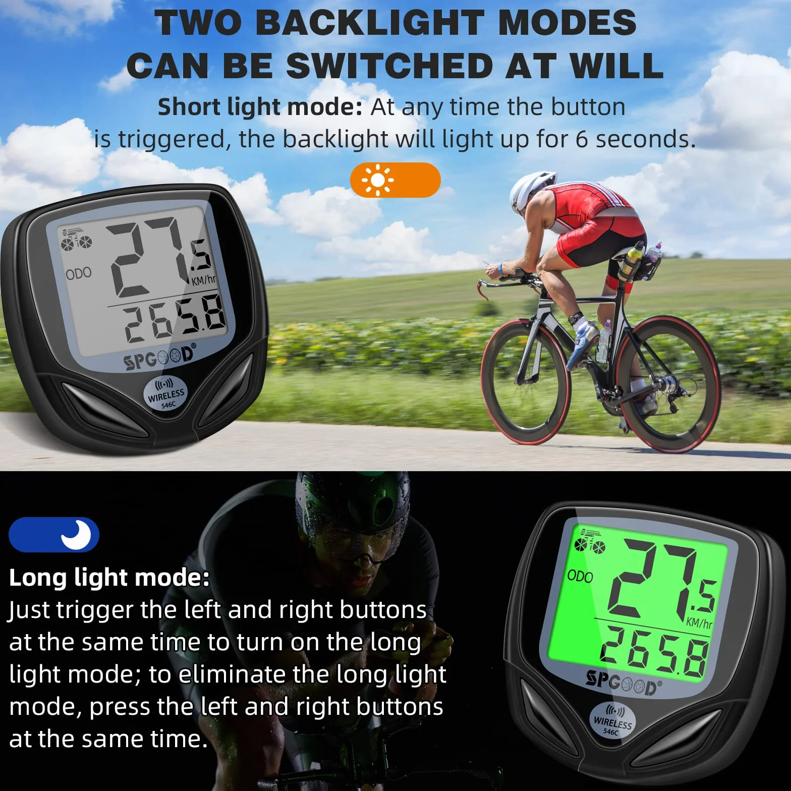 SPGOOD Contachilometri Bici Senza Fili, 19 Funzioni IP54 Impermeabile, Tachimetro con Display Retroilluminato