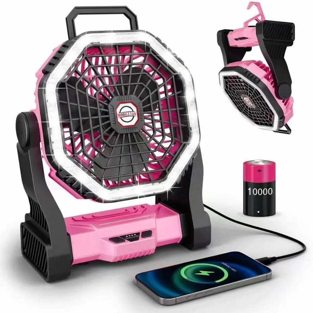 Ventilatore da Campeggio LED Portatile, 2-in-1 Ricaricabile, 4 Impostazioni di Velocità, Batteria da 10000mAh, 3 Modalità di Luce (Rosa)